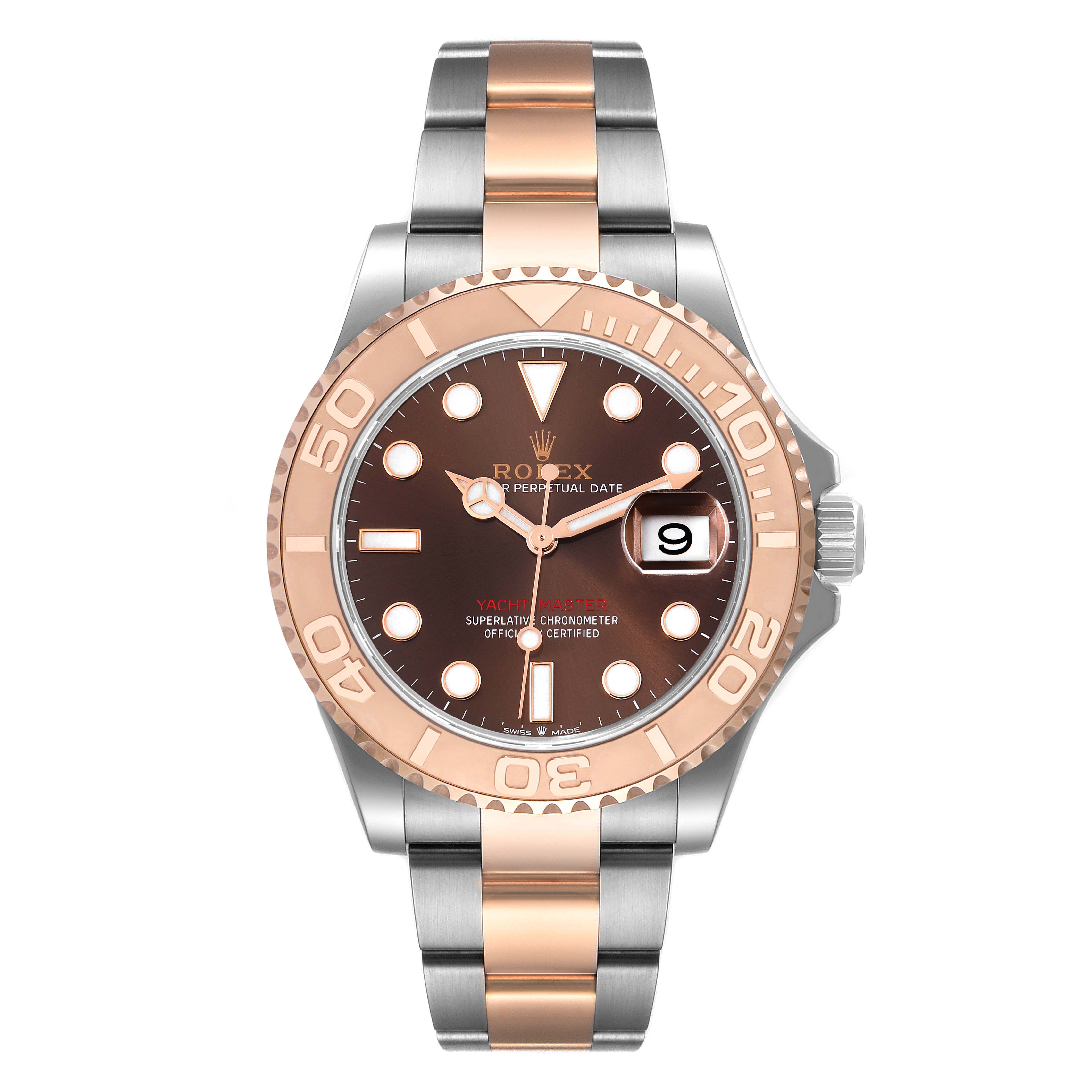 The image shows a front view of a Rolex Yacht-Master 126621 Men's Steel and Gold (two tone) Brown Dial 126621 Men's Steel and Gold (two tone) Brown Dial watch, highlighting its dial, bezel, case, and bracelet.