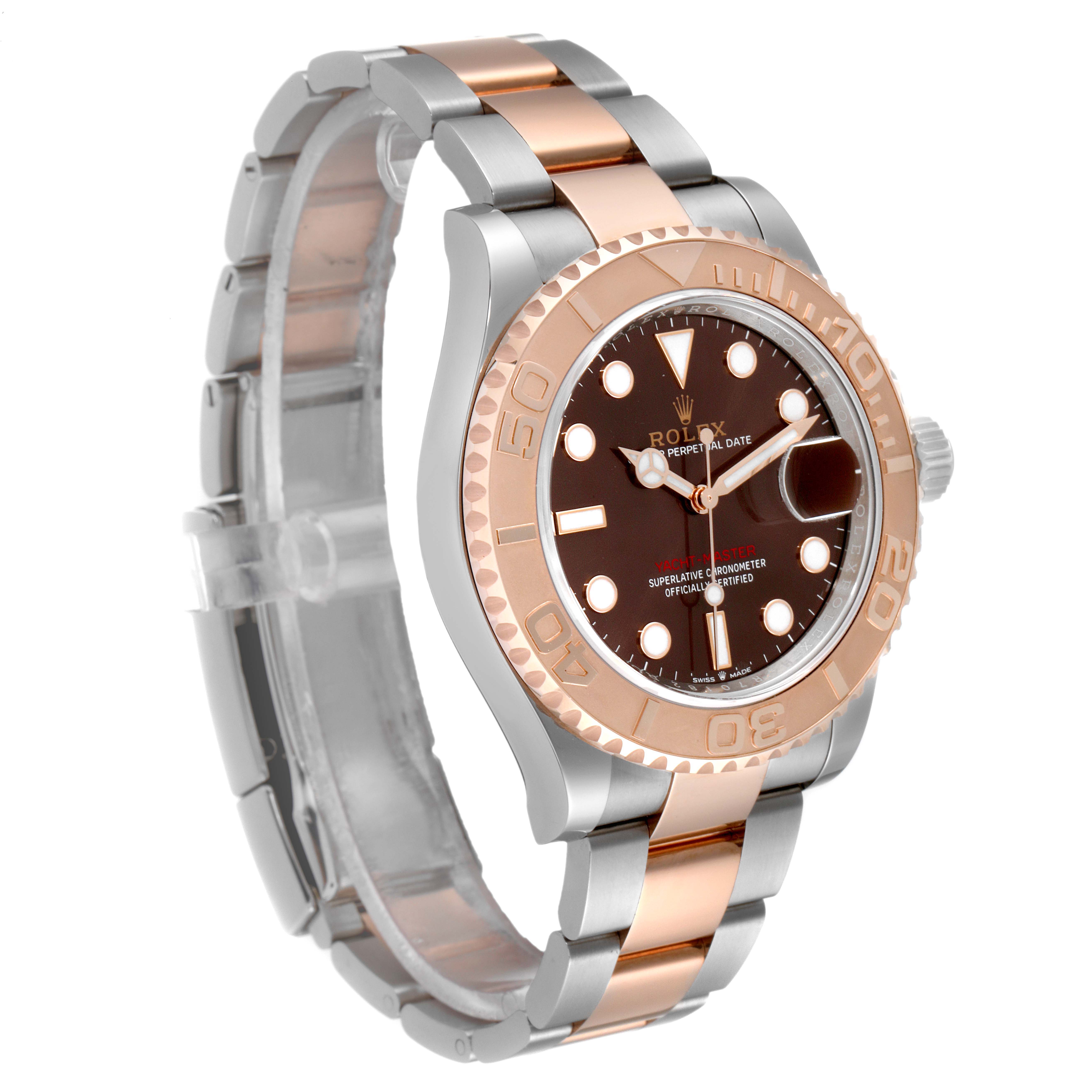 This image shows a side perspective of a Rolex Yacht-Master 126621 Men's Steel and Gold (two tone) Brown Dial 126621 Men's Steel and Gold (two tone) Brown Dial with a two-tone metal bracelet and a brown dial.