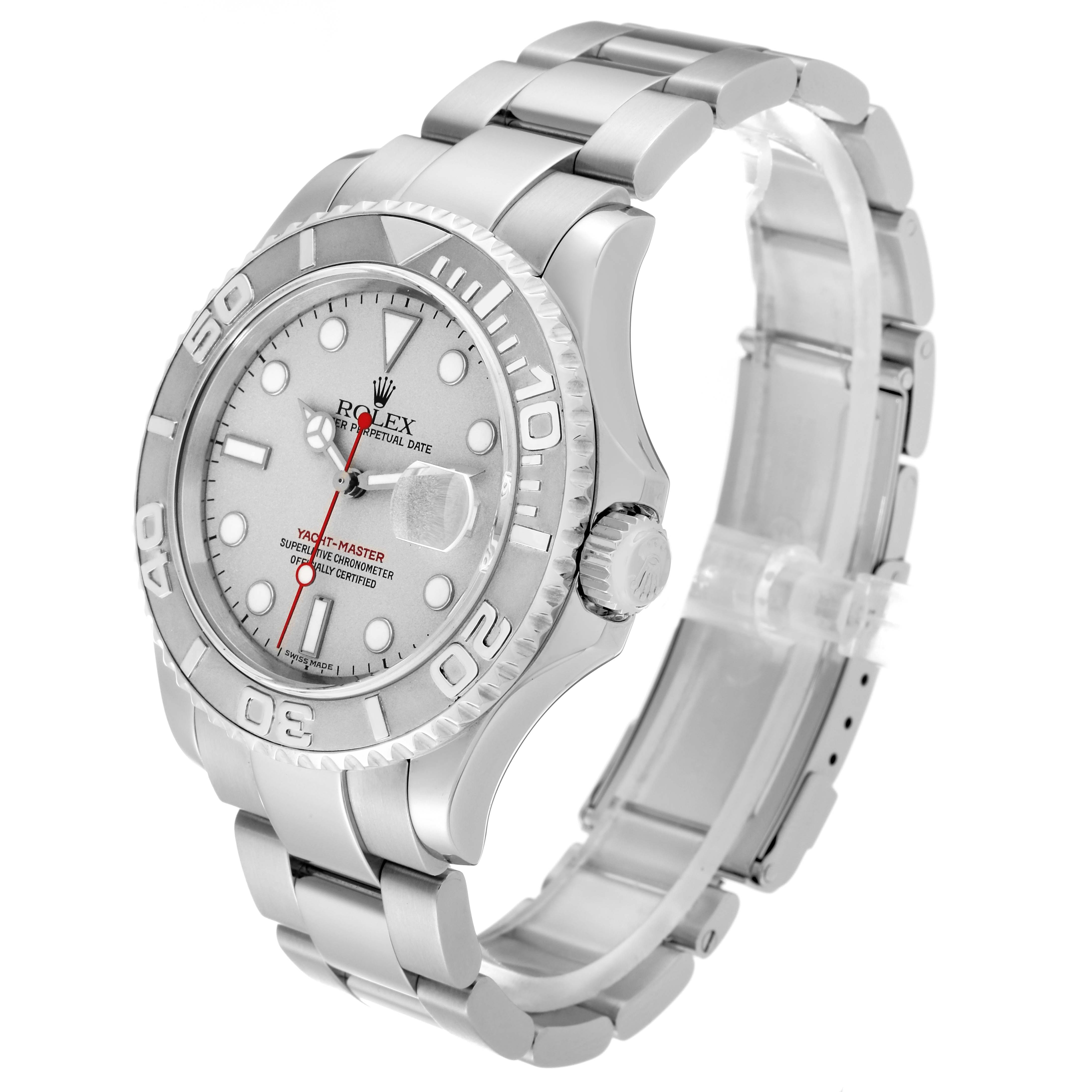 The image shows a Rolex Yacht-Master 16622 Men's Stainless Steel Silver Dial 16622 Men's Stainless Steel Silver Dial watch at a side angle, highlighting the face, bezel, crown, and metal bracelet.