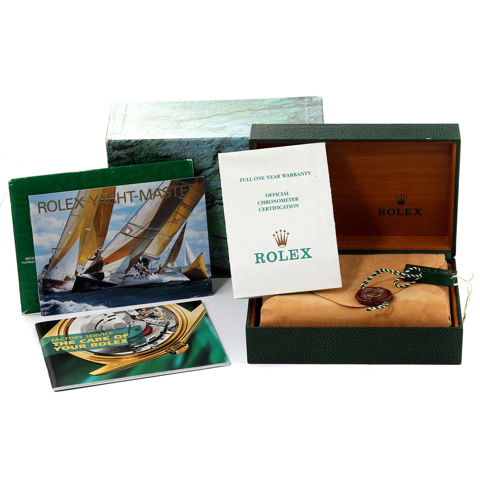 The image features a Rolex Yacht-Master 16622 Men's Stainless Steel Silver Dial 16622 Men's Stainless Steel Silver Dial with its box, warranty, chronometer certification, and user manuals.