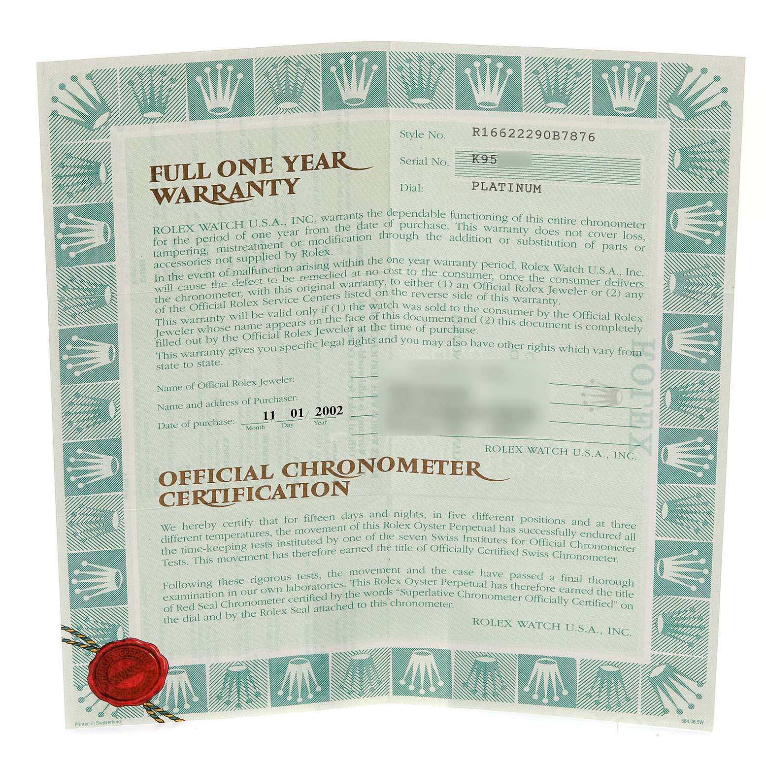 This image displays the warranty and chronometer certification for a Rolex Yacht-Master 16622 Men's Stainless Steel Silver Dial 16622 Men's Stainless Steel Silver Dial watch.