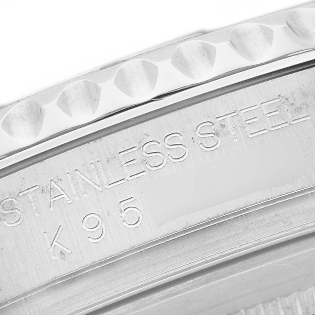 The image shows a close-up angle of the engraved bezel and caseback of the Rolex Yacht-Master 16622 Men's Stainless Steel Silver Dial 16622 Men's Stainless Steel Silver Dial watch, highlighting the text "STAINLESS STEEL."