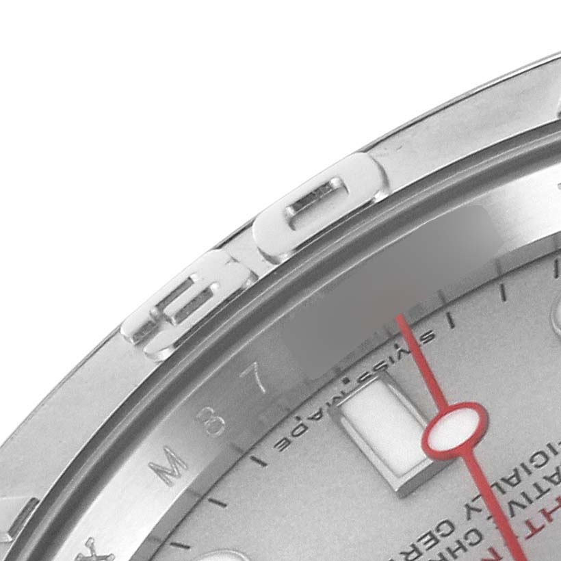 The image shows a close-up of the bezel, dial, and red second hand of a Rolex Yacht-Master 16622 Men
s Stainless Steel Silver Dial 16622 Men
s Stainless Steel Silver Dial watch.