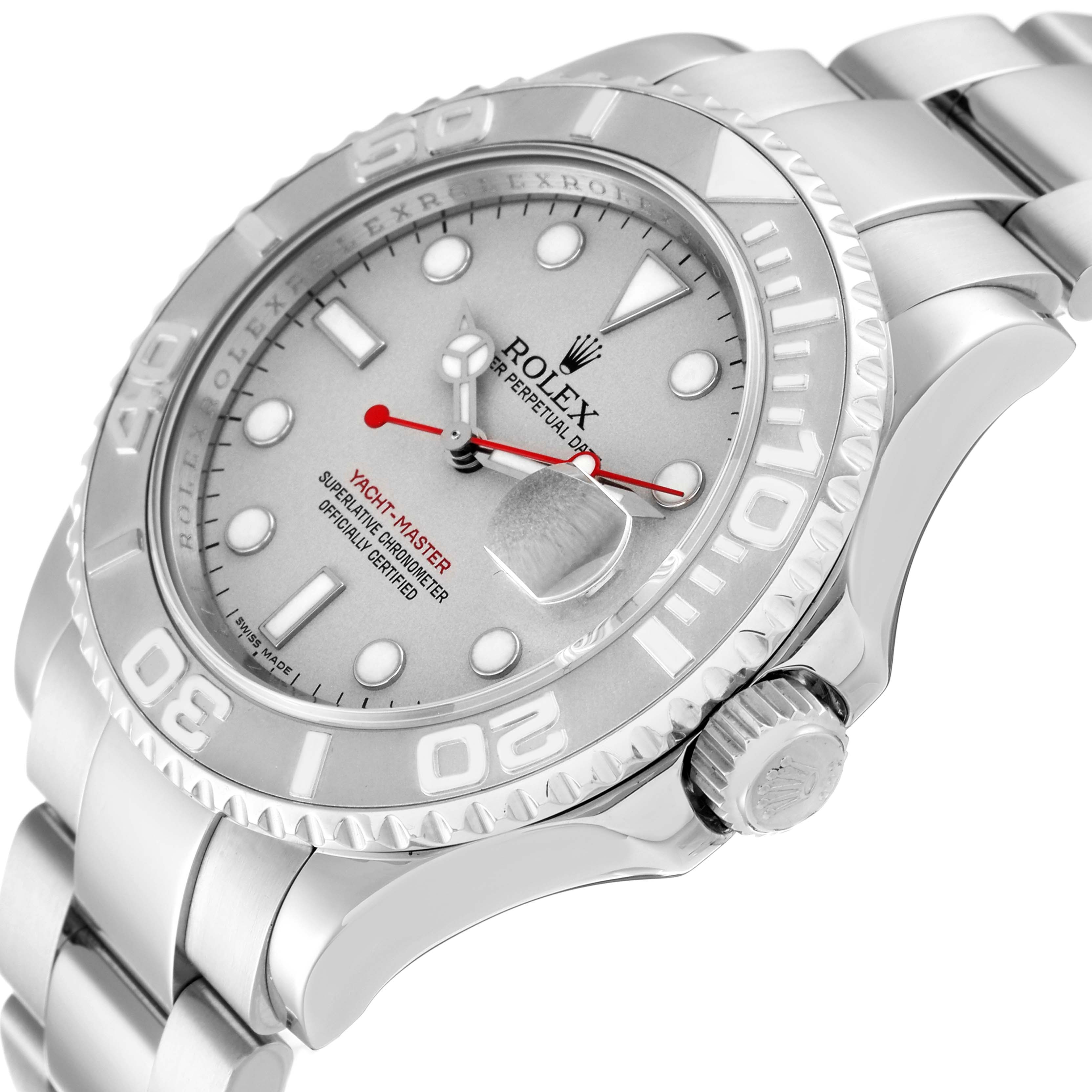 This image shows a close-up angle of the Rolex Yacht-Master 16622 Men
s Stainless Steel Silver Dial 16622 Men
s Stainless Steel Silver Dial watch, highlighting the dial, bezel, crown, and bracelet.