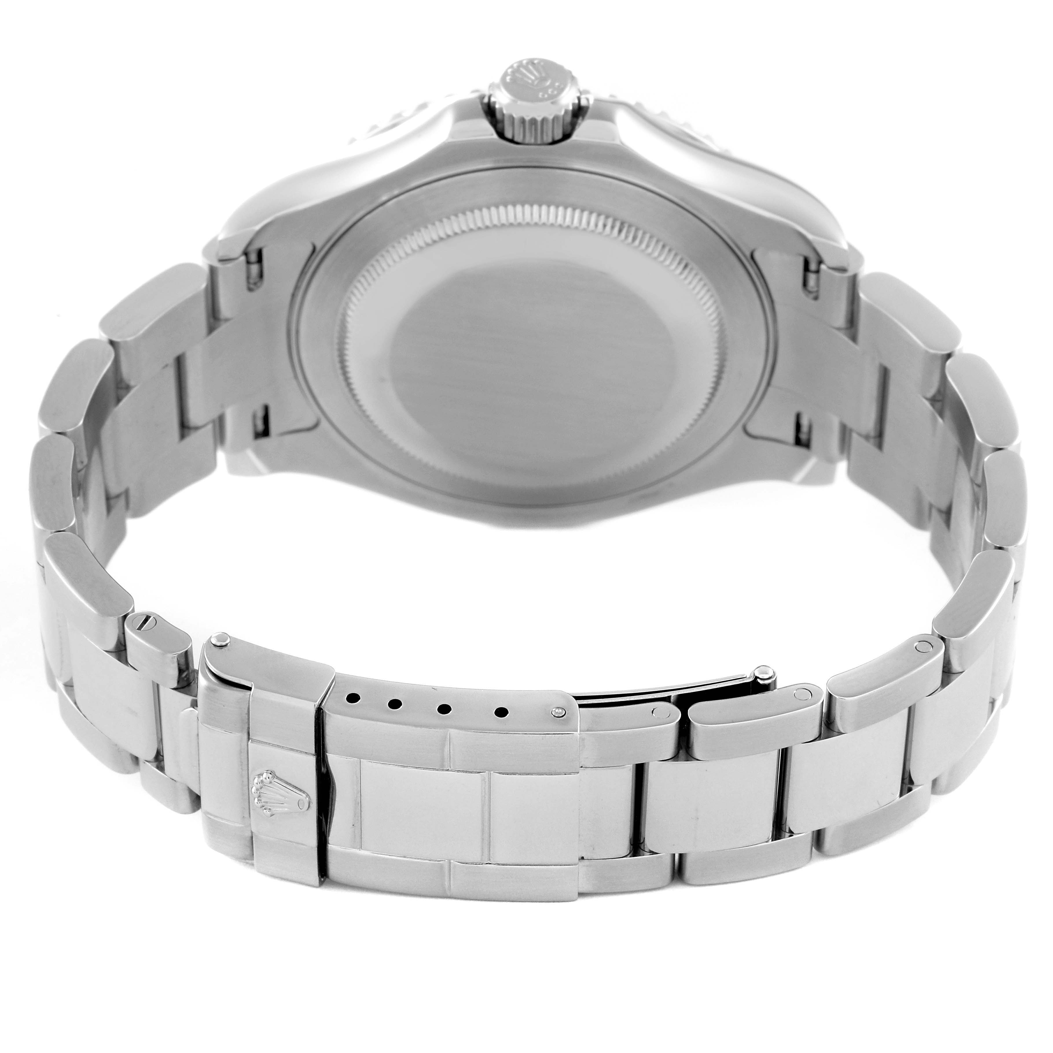 The image shows the back case and bracelet clasp of a Rolex Yacht-Master 16622 Men
s Stainless Steel Silver Dial 16622 Men
s Stainless Steel Silver Dial watch at a straight-on angle.