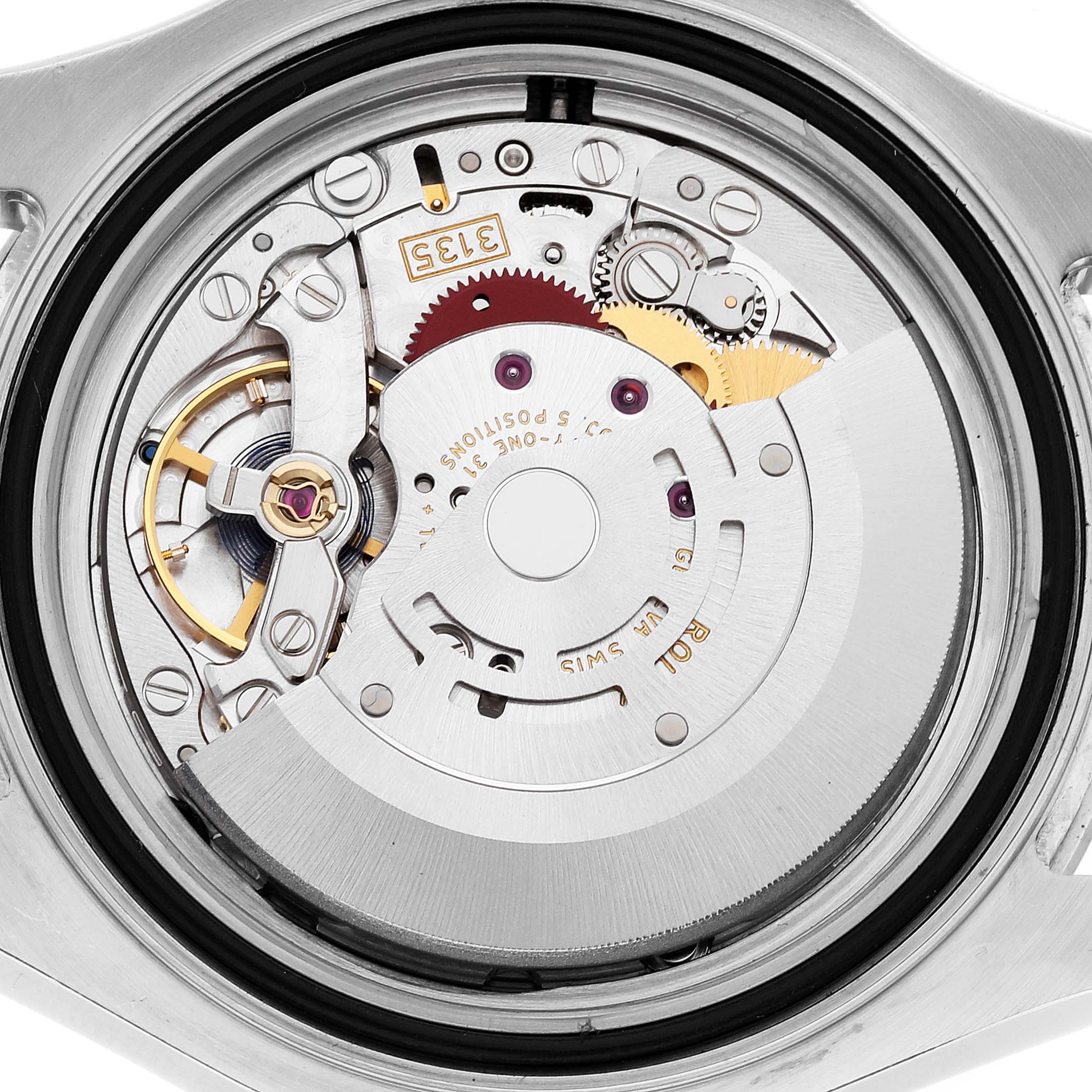 This image shows an internal view of the Yacht-Master Rolex watch
s movement and mechanical parts.