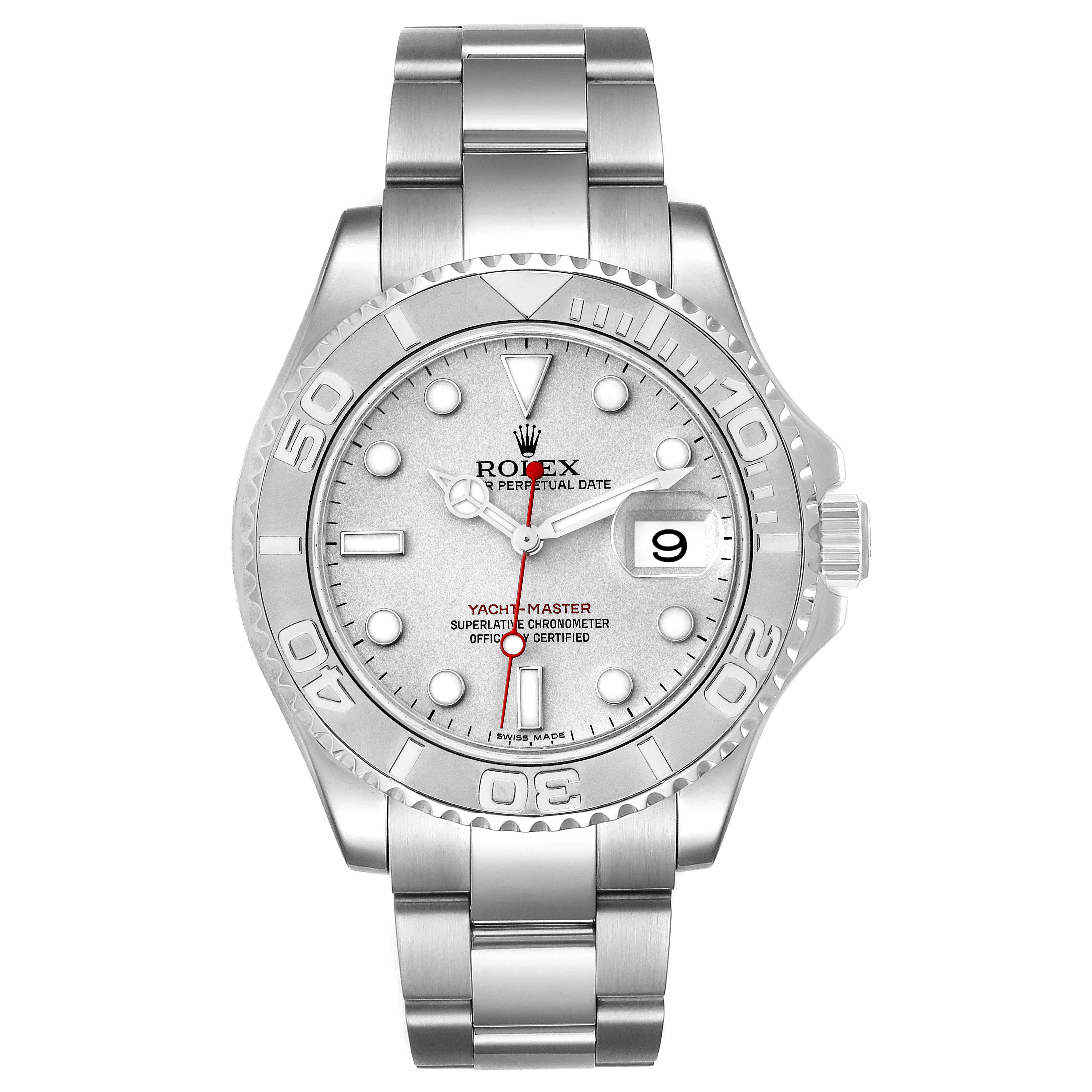 The image shows a front angle of a Rolex Yacht-Master 16622 Men
s Stainless Steel Silver Dial 16622 Men
s Stainless Steel Silver Dial watch displaying the dial, bezel, and bracelet.