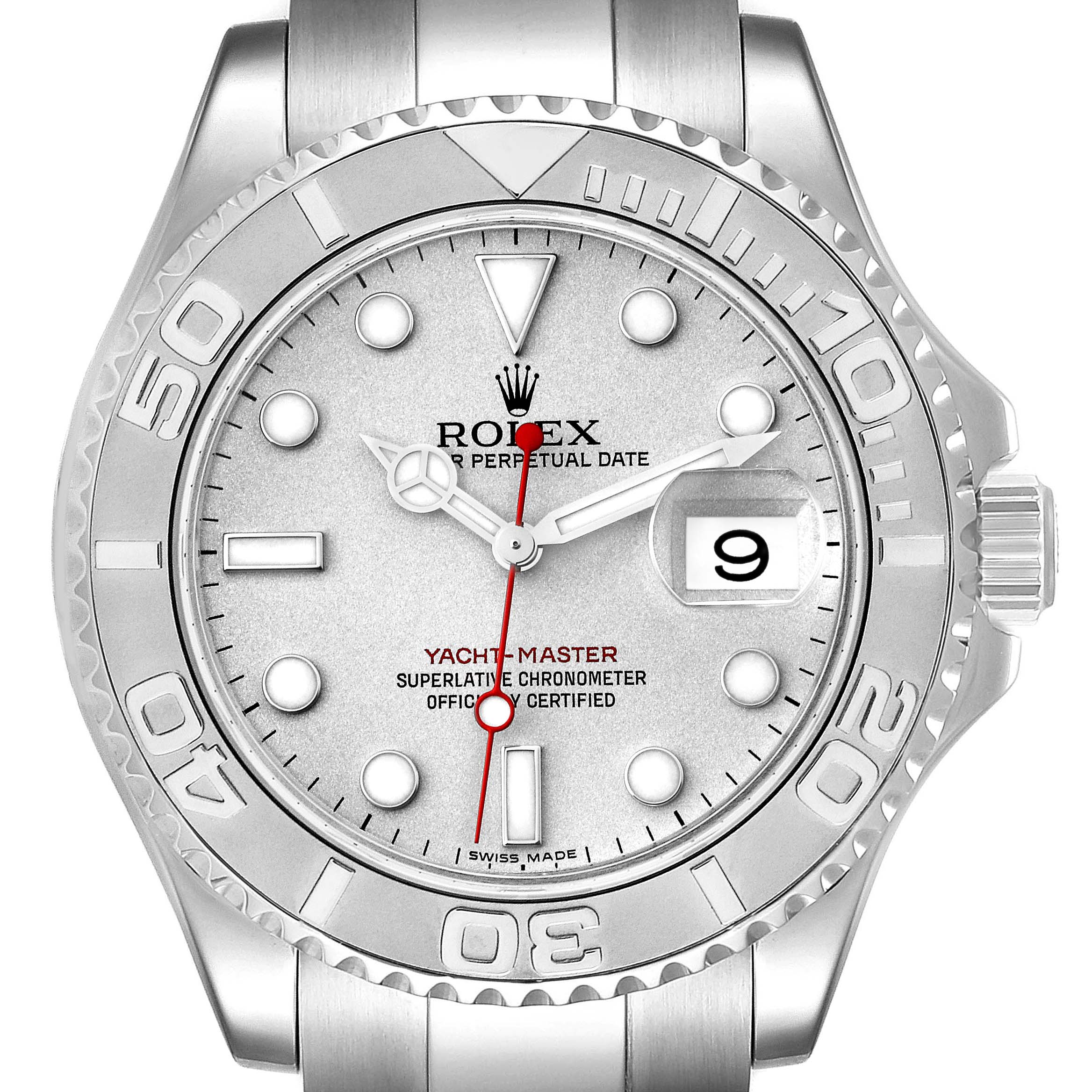 This image shows a front view of the Rolex Yacht-Master 16622 Men
s Stainless Steel Silver Dial 16622 Men
s Stainless Steel Silver Dial watch, highlighting its dial, bezel, and date display.