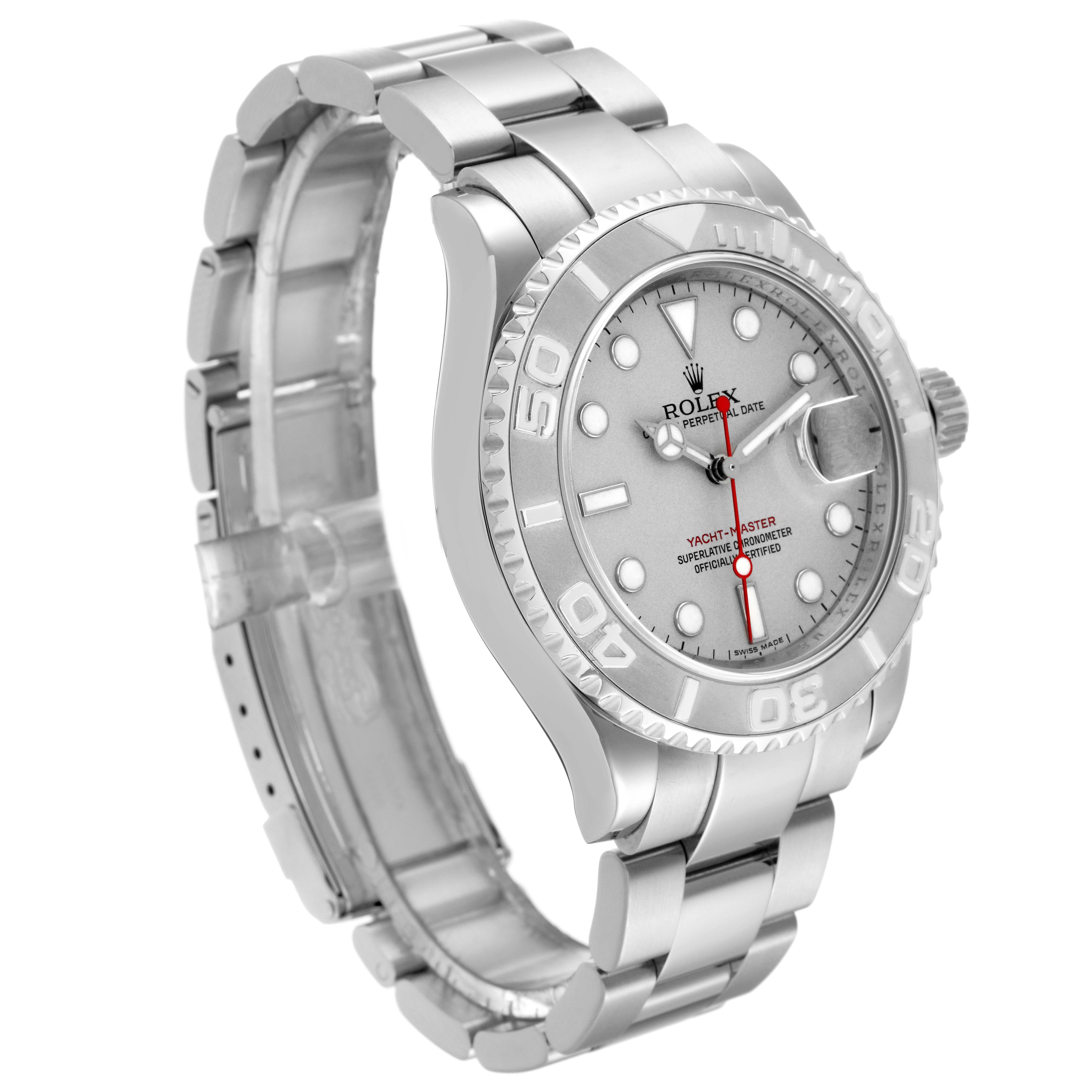 The image shows a side-angle view of a Rolex Yacht-Master 16622 Men
s Stainless Steel Silver Dial 16622 Men
s Stainless Steel Silver Dial watch, highlighting its face, bezel, case, and bracelet.