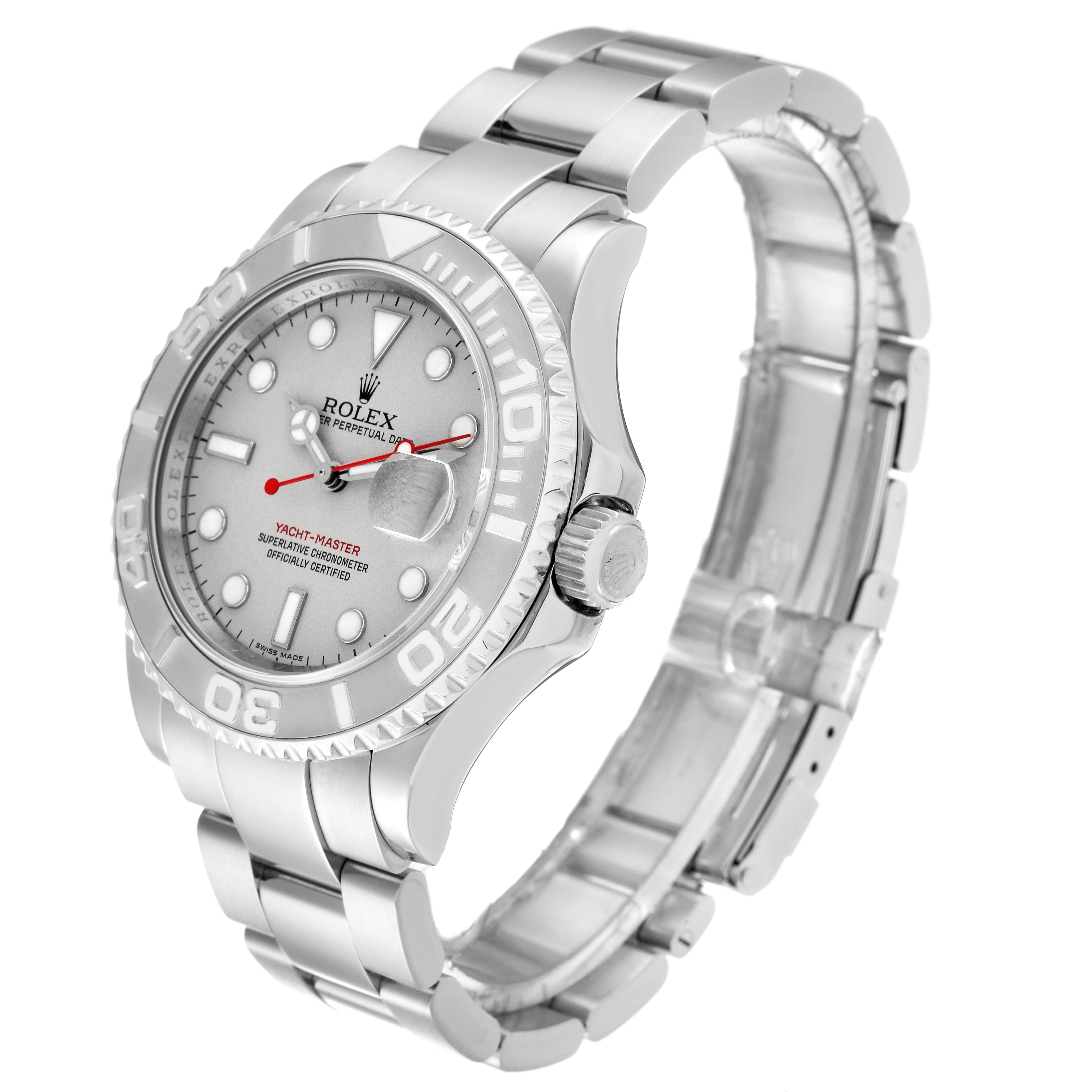 The Rolex Yacht-Master 16622 Men
s Stainless Steel Silver Dial 16622 Men
s Stainless Steel Silver Dial watch is shown at an angle highlighting its face, bezel, crown, and bracelet.