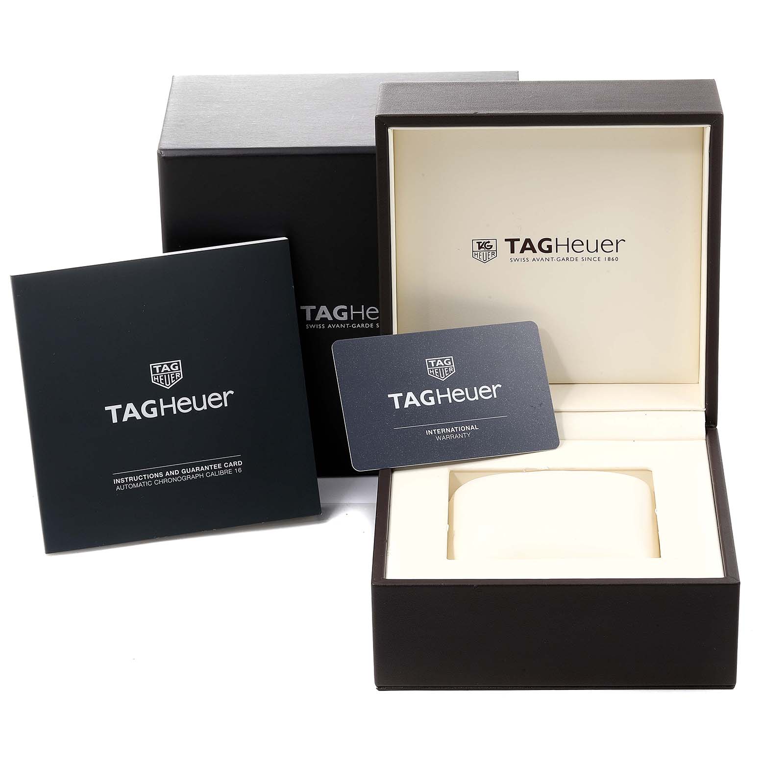 This image shows the packaging, warranty card, and instructions for a Tag Heuer Carrera CV201AR.BA0715 Men's Stainless Steel Blue Dial CV201AR.BA0715 Men's Stainless Steel Blue Dial watch.