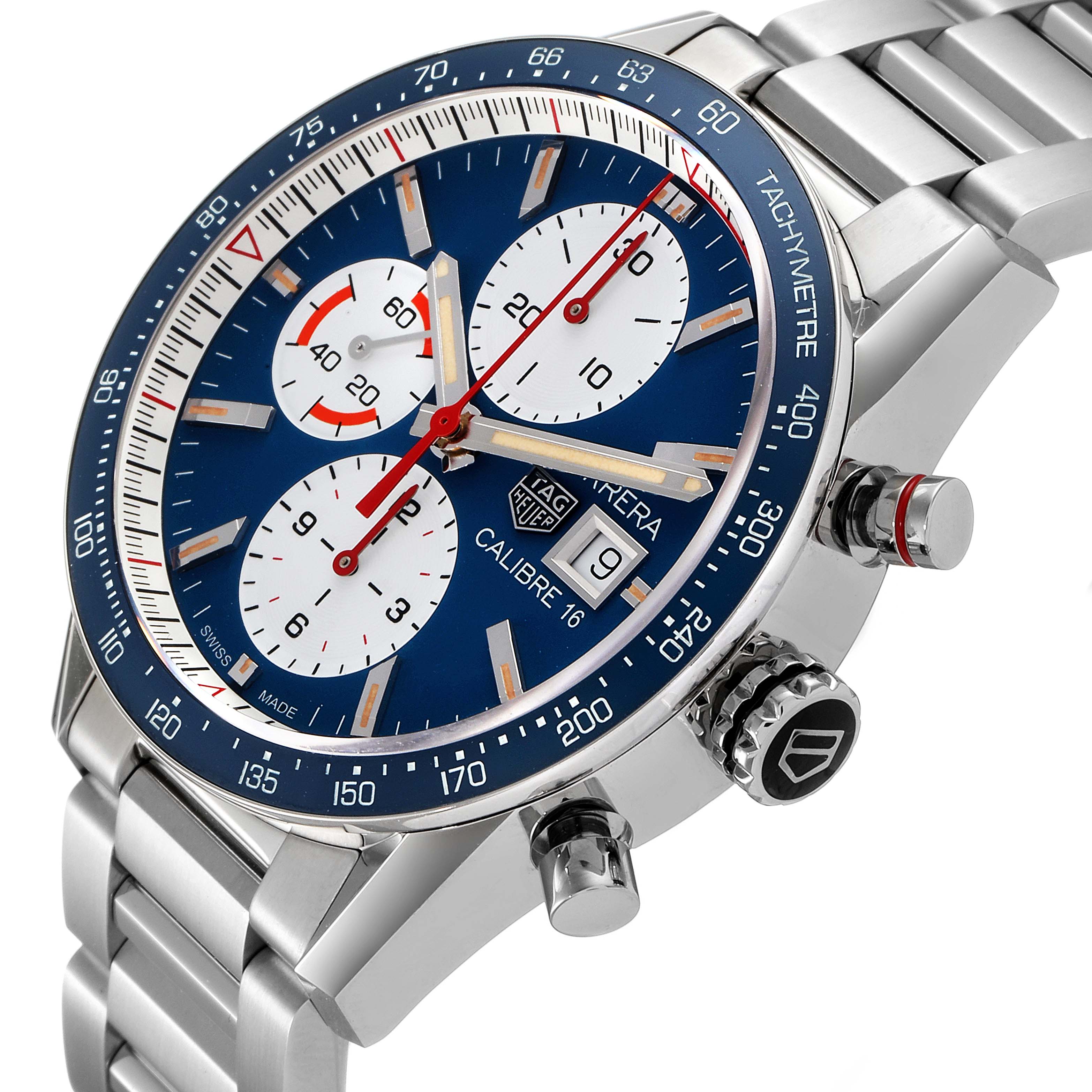 This image shows a close-up of the Tag Heuer Carrera CV201AR.BA0715 Men's Stainless Steel Blue Dial CV201AR.BA0715 Men's Stainless Steel Blue Dial, highlighting the dial, chronograph subdials, bezel, and part of the bracelet.