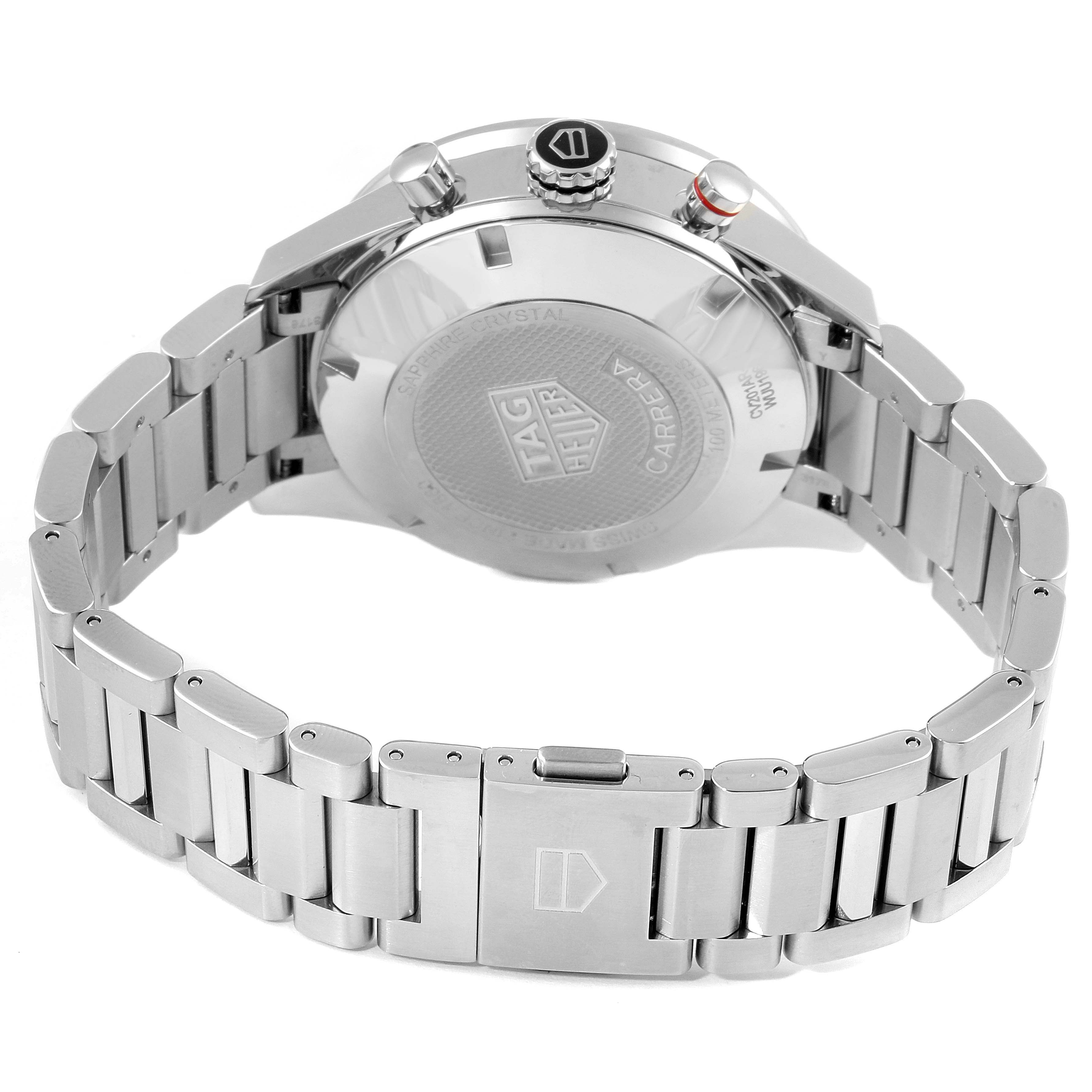 The image shows the rear view of a Tag Heuer Carrera CV201AR.BA0715 Men's Stainless Steel Blue Dial CV201AR.BA0715 Men's Stainless Steel Blue Dial watch, focusing on the case back and stainless steel bracelet.