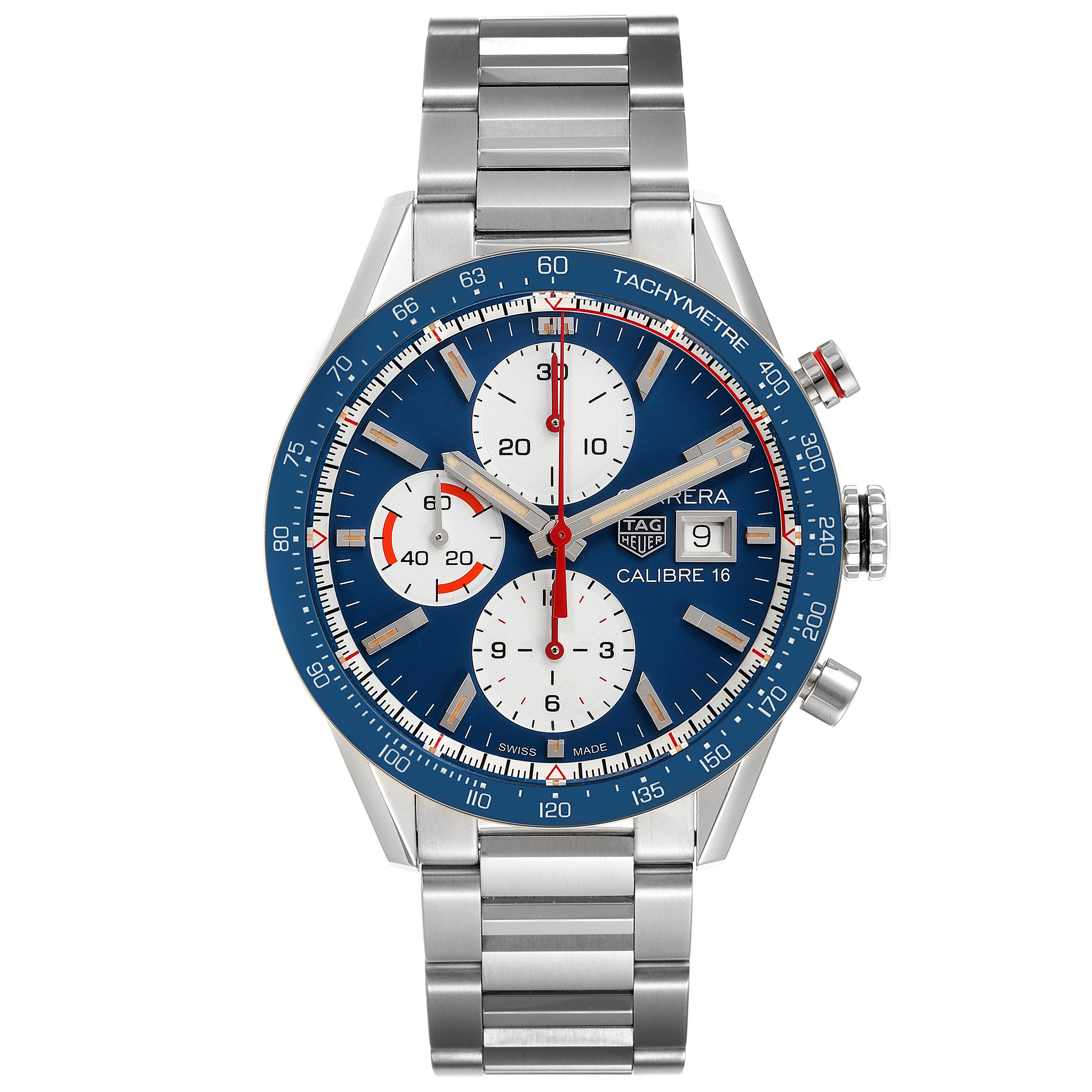 The image shows a front view of the Tag Heuer Carrera CV201AR.BA0715 Men's Stainless Steel Blue Dial CV201AR.BA0715 Men's Stainless Steel Blue Dial watch, displaying the dial, bezel, chronograph sub-dials, and metal bracelet.