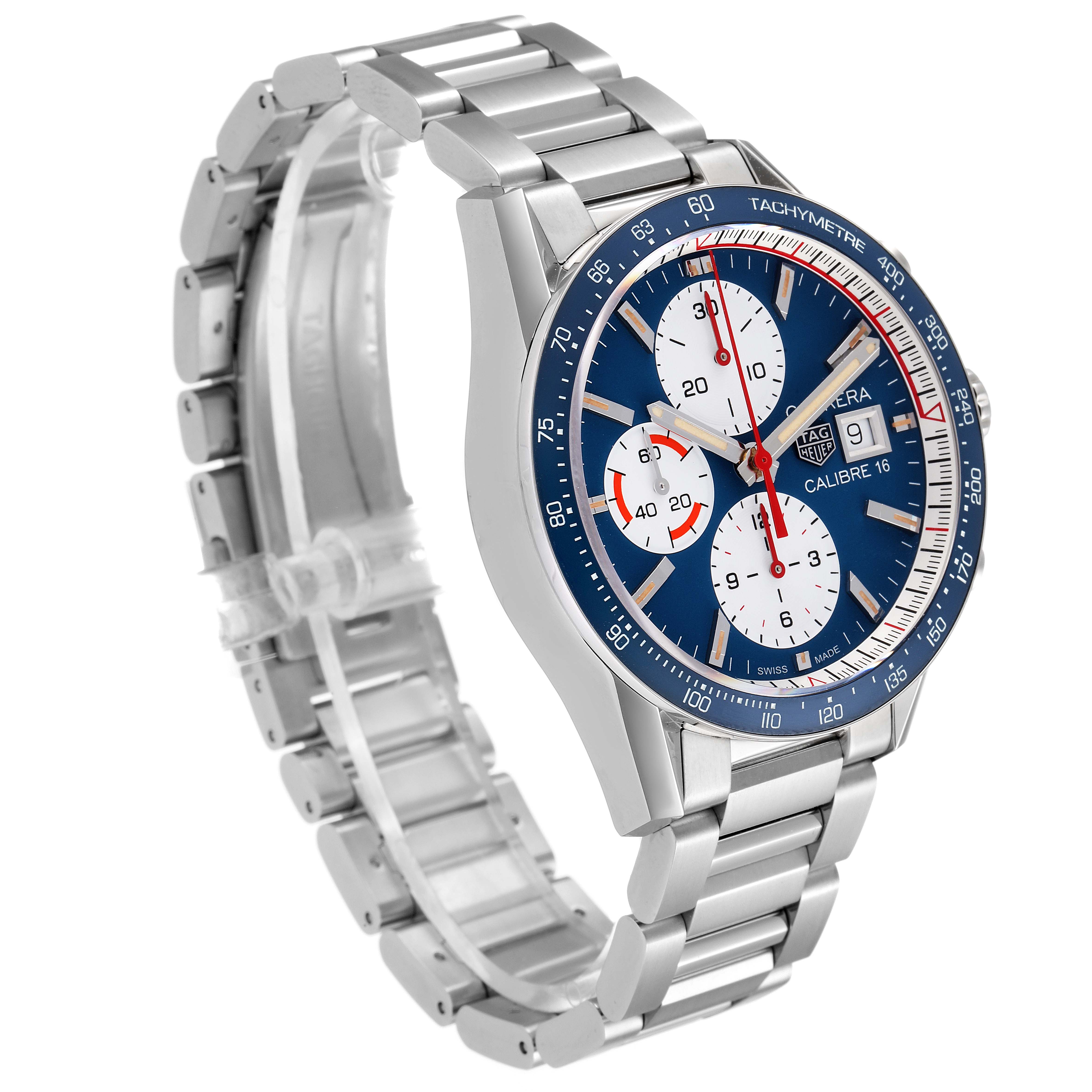 The image shows a Tag Heuer Carrera CV201AR.BA0715 Men's Stainless Steel Blue Dial CV201AR.BA0715 Men's Stainless Steel Blue Dial watch viewed from the front-left angle, highlighting the dial, bezel, and stainless steel bracelet.