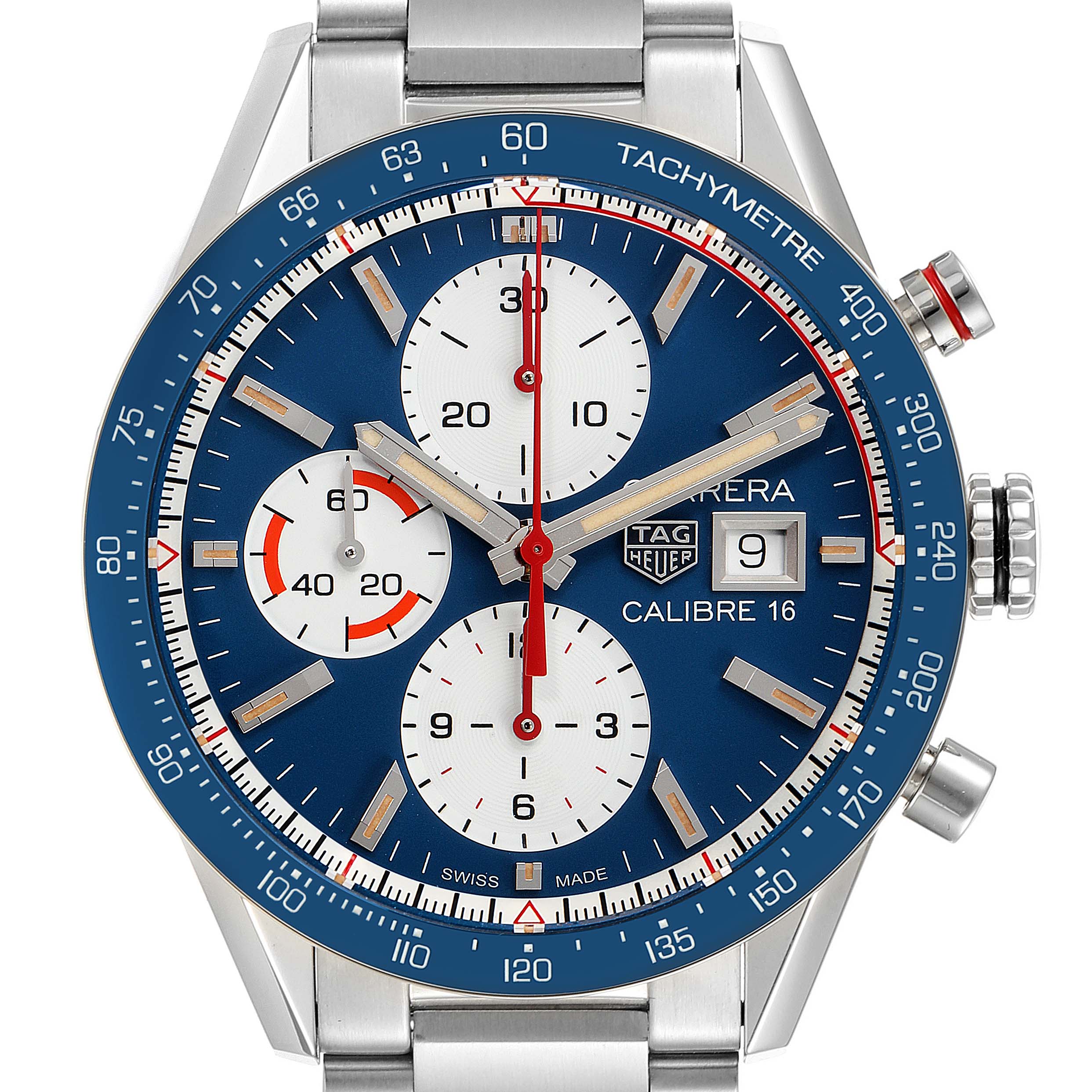 The image shows a frontal view of a Tag Heuer Carrera CV201AR.BA0715 Men's Stainless Steel Blue Dial CV201AR.BA0715 Men's Stainless Steel Blue Dial watch, highlighting its blue dial, chronograph sub-dials, and date window.