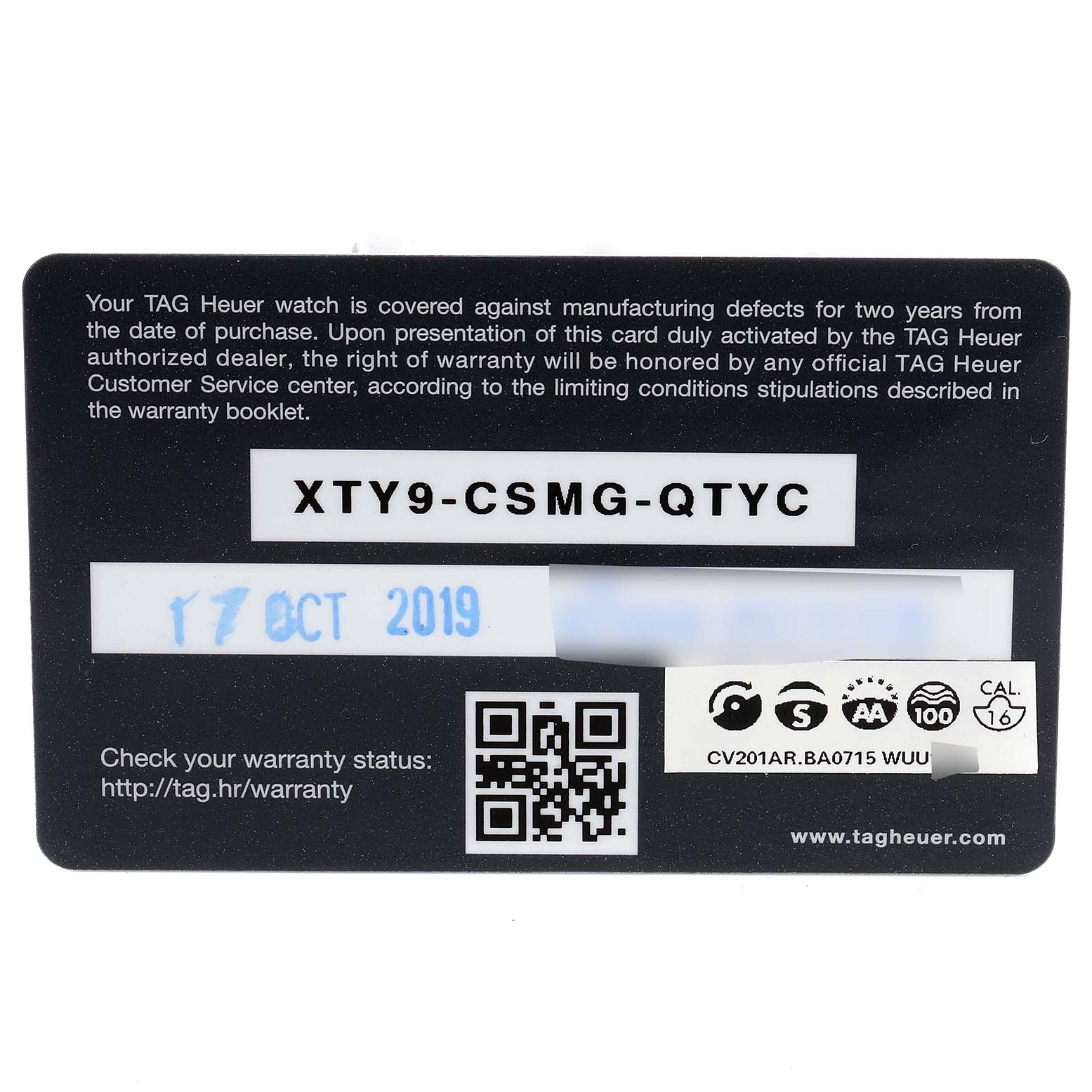 This image shows the warranty card for a Tag Heuer Carrera CV201AR.BA0715 Men's Stainless Steel Blue Dial CV201AR.BA0715 Men's Stainless Steel Blue Dial watch, detailing warranty information and a QR code.