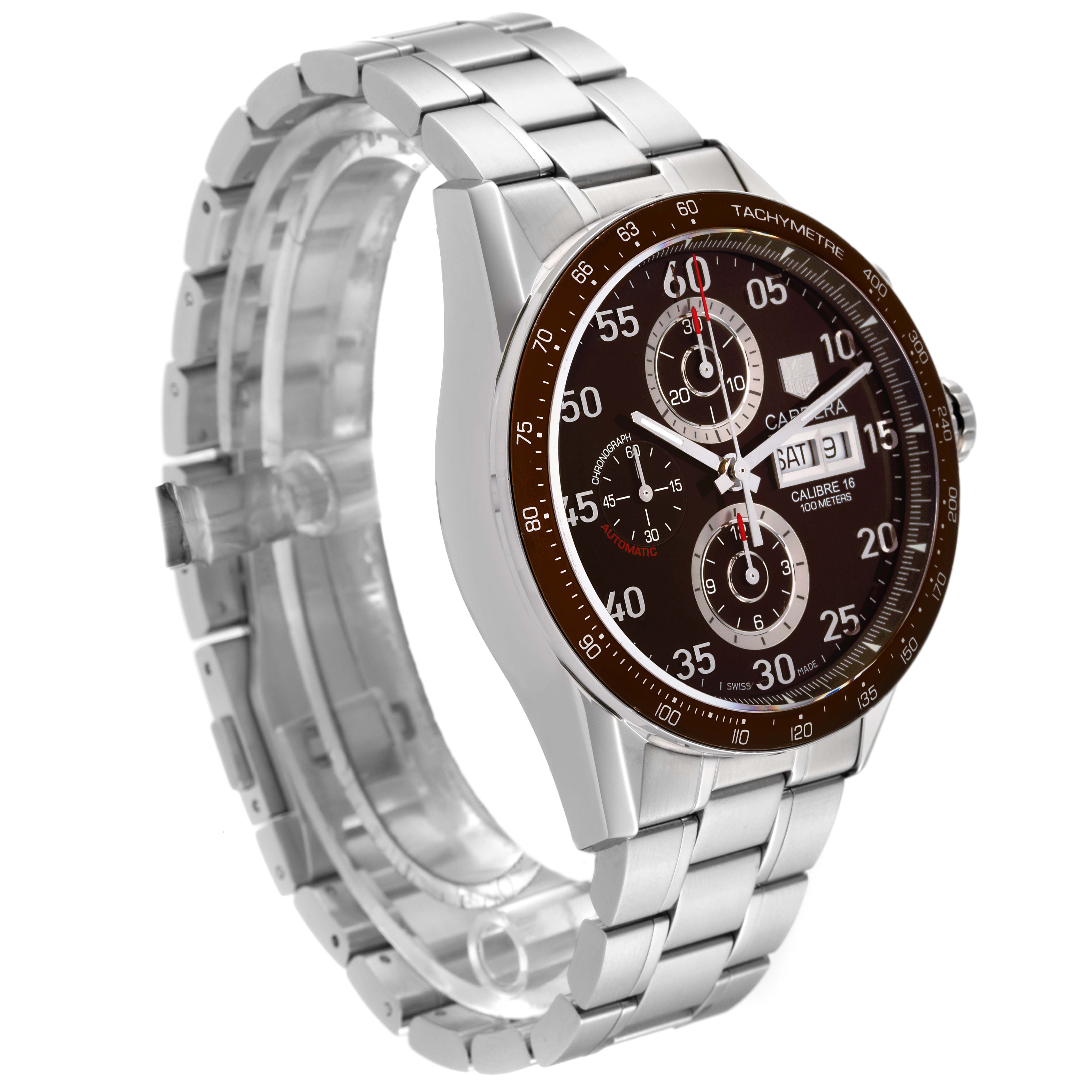 The image shows a Tag Heuer Carrera CV2A12.FC6236 Men's Stainless Steel Brown Dial CV2A12.FC6236 Men's Stainless Steel Brown Dial watch at a three-quarter angle, highlighting its face, bezel, and metal bracelet.