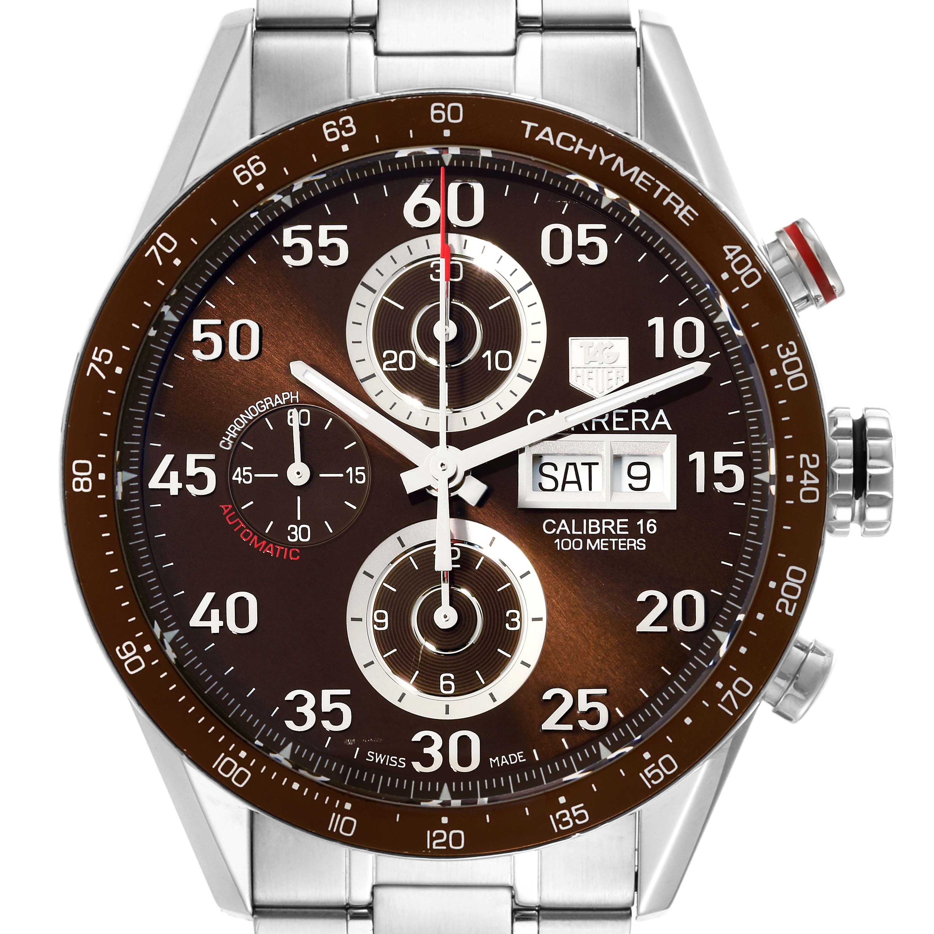 The Tag Heuer Carrera CV2A12.FC6236 Men's Stainless Steel Brown Dial CV2A12.FC6236 Men's Stainless Steel Brown Dial watch is shown from a front angle, displaying its face, bezel, tachymetre, and part of the stainless steel bracelet.