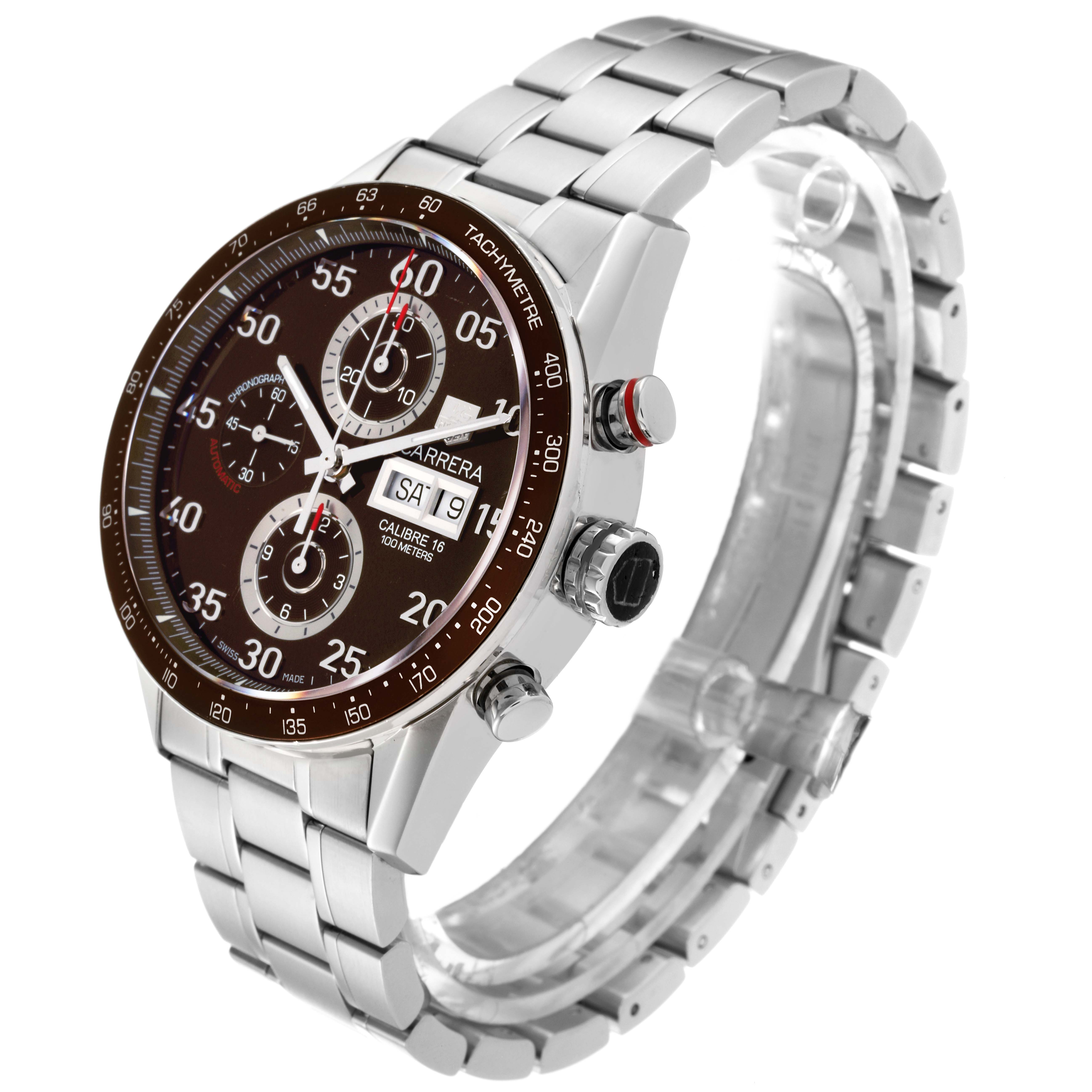 The Tag Heuer Carrera CV2A12.FC6236 Men's Stainless Steel Brown Dial CV2A12.FC6236 Men's Stainless Steel Brown Dial watch is shown at an angle highlighting its face, side buttons, and stainless steel bracelet.