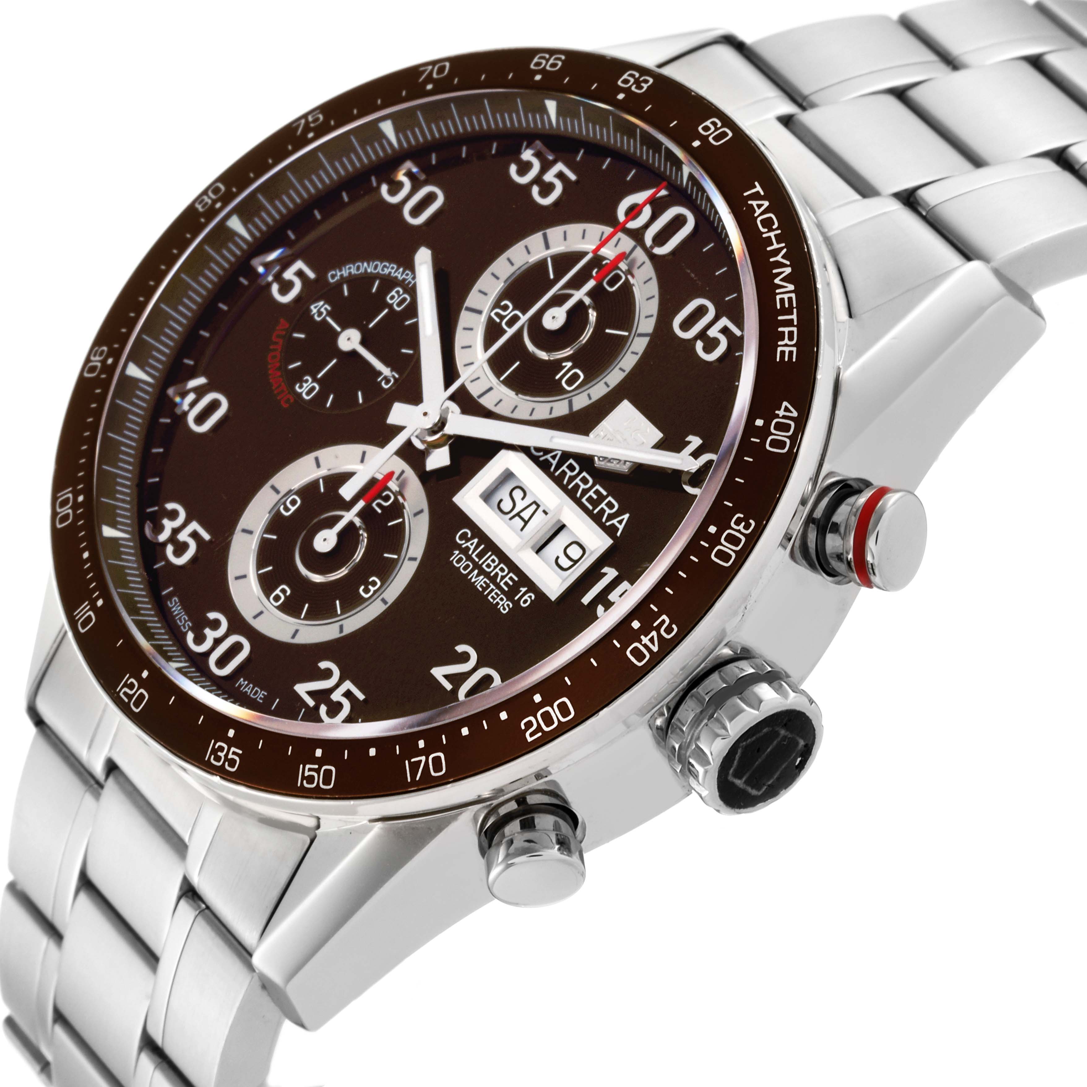 The image shows a Tag Heuer Carrera CV2A12.FC6236 Men's Stainless Steel Brown Dial CV2A12.FC6236 Men's Stainless Steel Brown Dial watch at an angle displaying the face, bezel, buttons, and stainless steel bracelet.