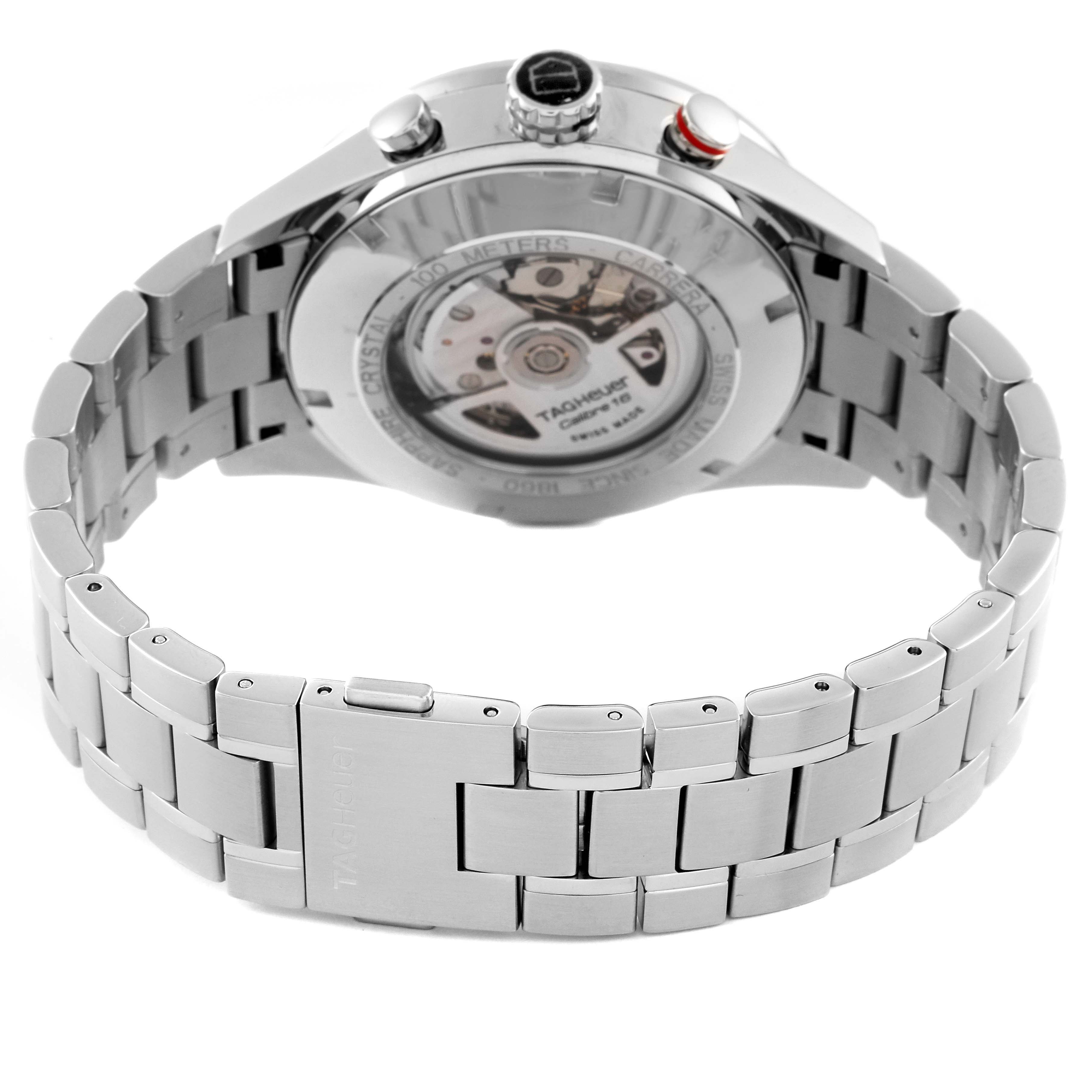 The image shows the back view of the Tag Heuer Carrera CV2A12.FC6236 Men's Stainless Steel Brown Dial CV2A12.FC6236 Men's Stainless Steel Brown Dial watch highlighting its bracelet and the transparent case back.