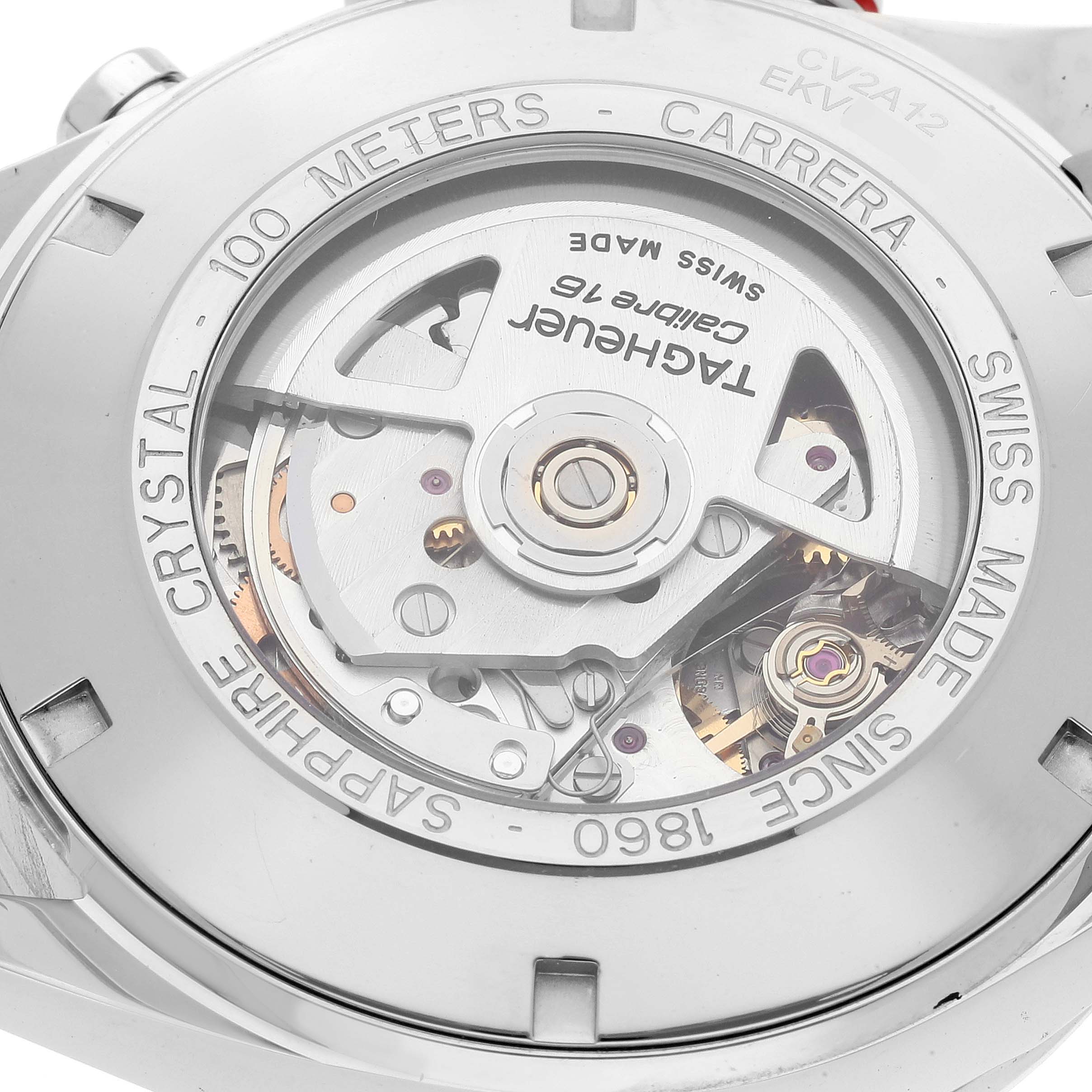 The image shows the back of a Tag Heuer Carrera CV2A12.FC6236 Men's Stainless Steel Brown Dial CV2A12.FC6236 Men's Stainless Steel Brown Dial watch, highlighting the movement through the sapphire crystal case back.