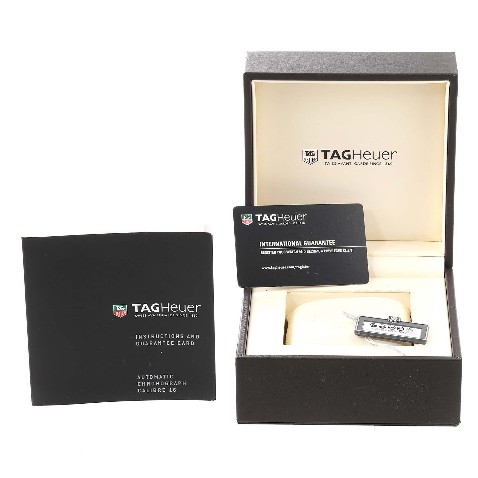 The image shows the Tag Heuer Carrera CV2A12.FC6236 Men's Stainless Steel Brown Dial CV2A12.FC6236 Men's Stainless Steel Brown Dial watch box, instruction booklet, and guarantee card.