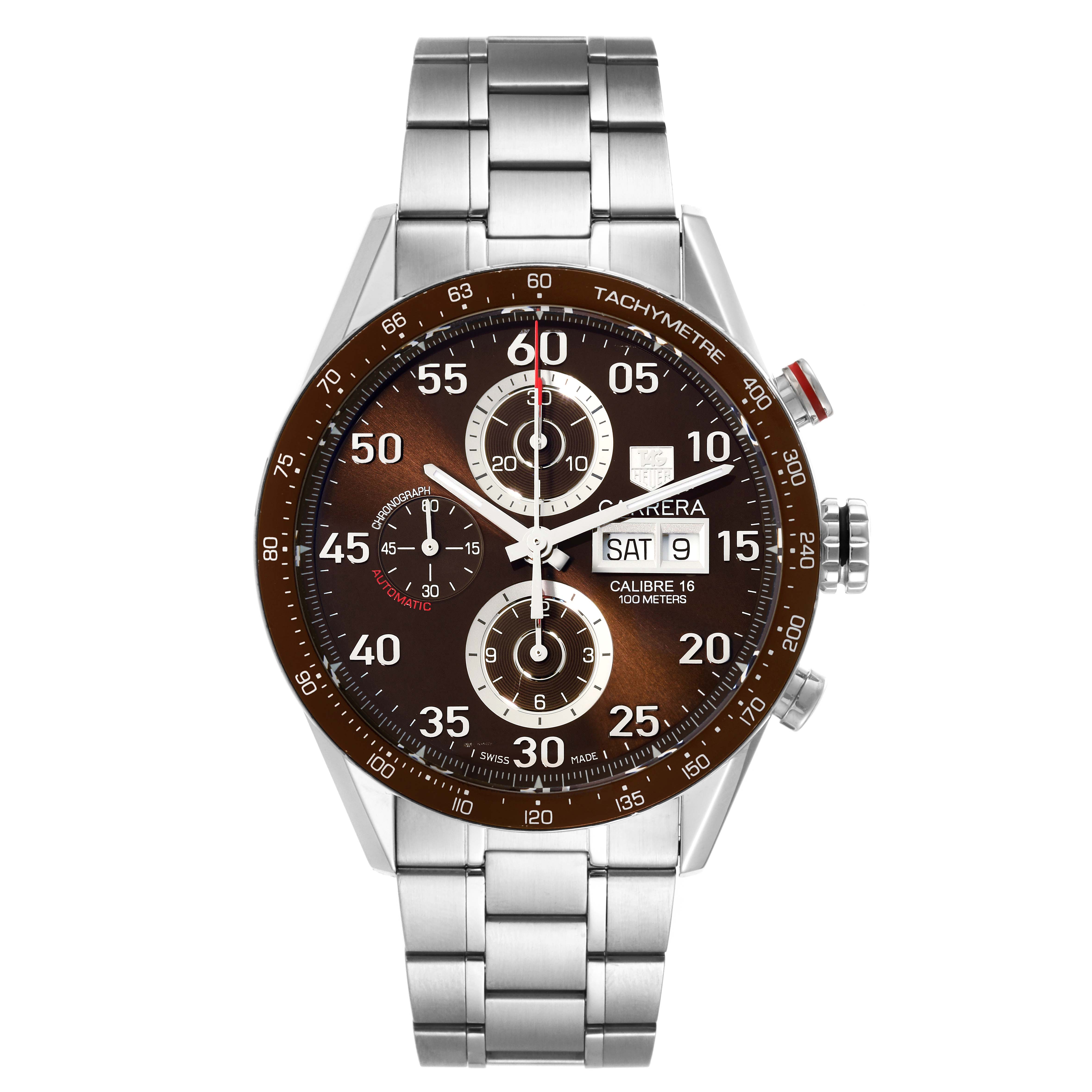 The Tag Heuer Carrera CV2A12.FC6236 Men's Stainless Steel Brown Dial CV2A12.FC6236 Men's Stainless Steel Brown Dial watch is shown from a front angle, displaying its face, chronograph dials, bezel, and metal bracelet.
