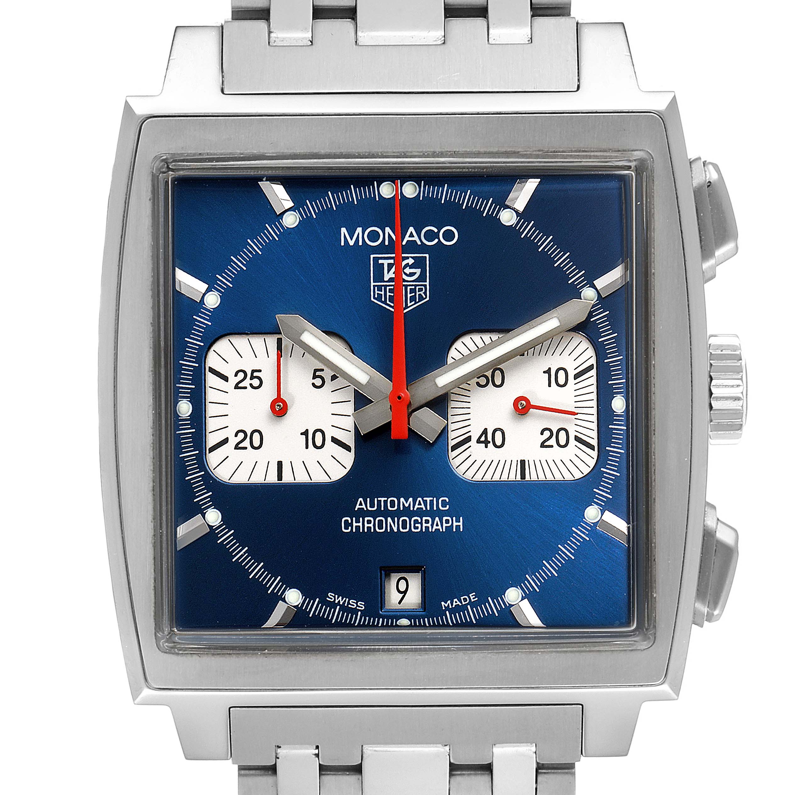 The image shows a frontal view of a Tag Heuer Monaco CW2113.BA0780 Men
s Stainless Steel Blue Dial CW2113.BA0780 Men
s Stainless Steel Blue Dial watch, highlighting its blue dial, chronograph sub-dials, and date display.