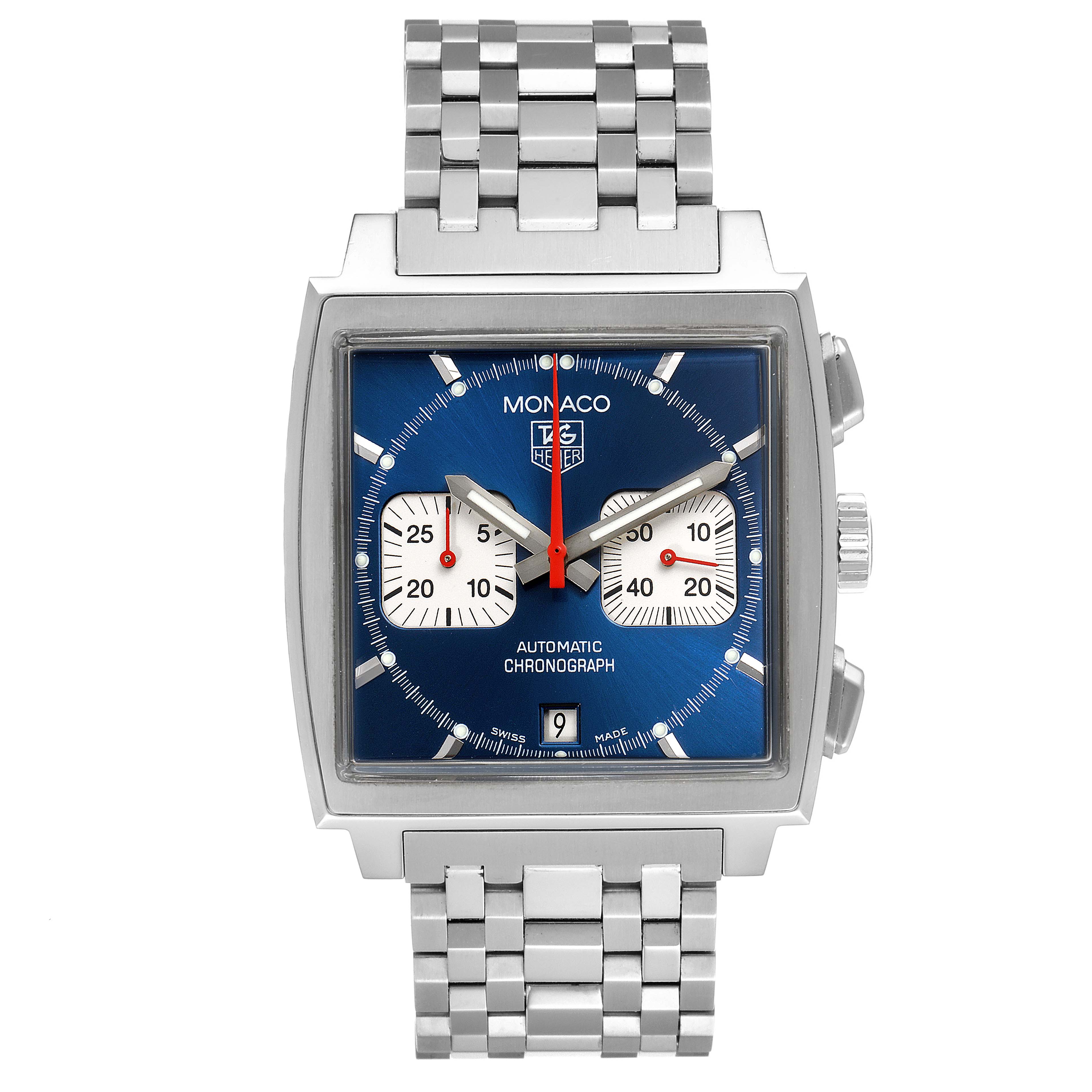 The image shows a frontal view of a Tag Heuer Monaco CW2113.BA0780 Men
s Stainless Steel Blue Dial CW2113.BA0780 Men
s Stainless Steel Blue Dial model watch with a metal bracelet and a blue face.