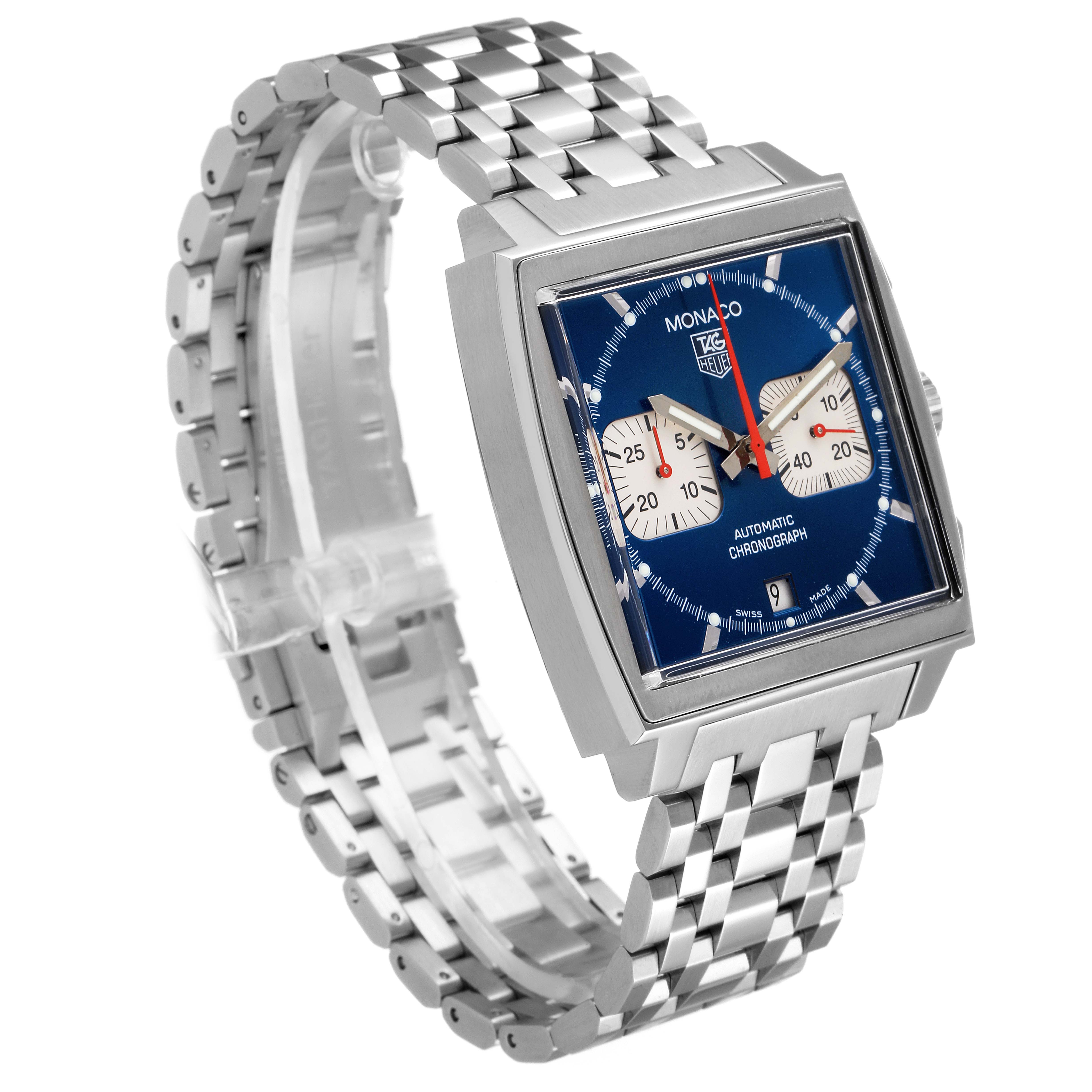 The image shows a Tag Heuer Monaco CW2113.BA0780 Men
s Stainless Steel Blue Dial CW2113.BA0780 Men
s Stainless Steel Blue Dial watch with a square case, blue dial, and stainless steel bracelet from a front-left angle.