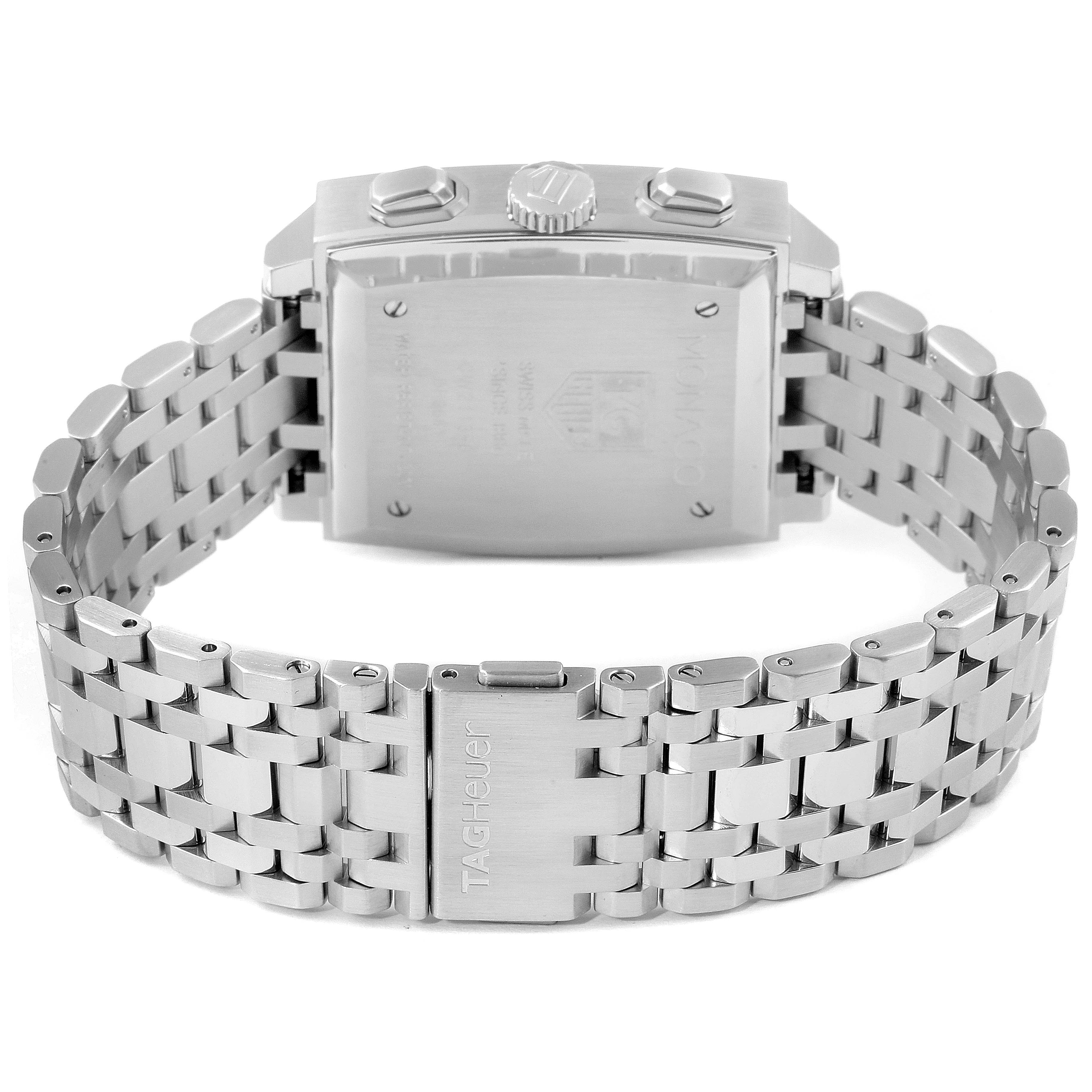 The image shows the back and clasp of a Tag Heuer Monaco CW2113.BA0780 Men
s Stainless Steel Blue Dial CW2113.BA0780 Men
s Stainless Steel Blue Dial watch, highlighting the stainless steel bracelet and caseback.