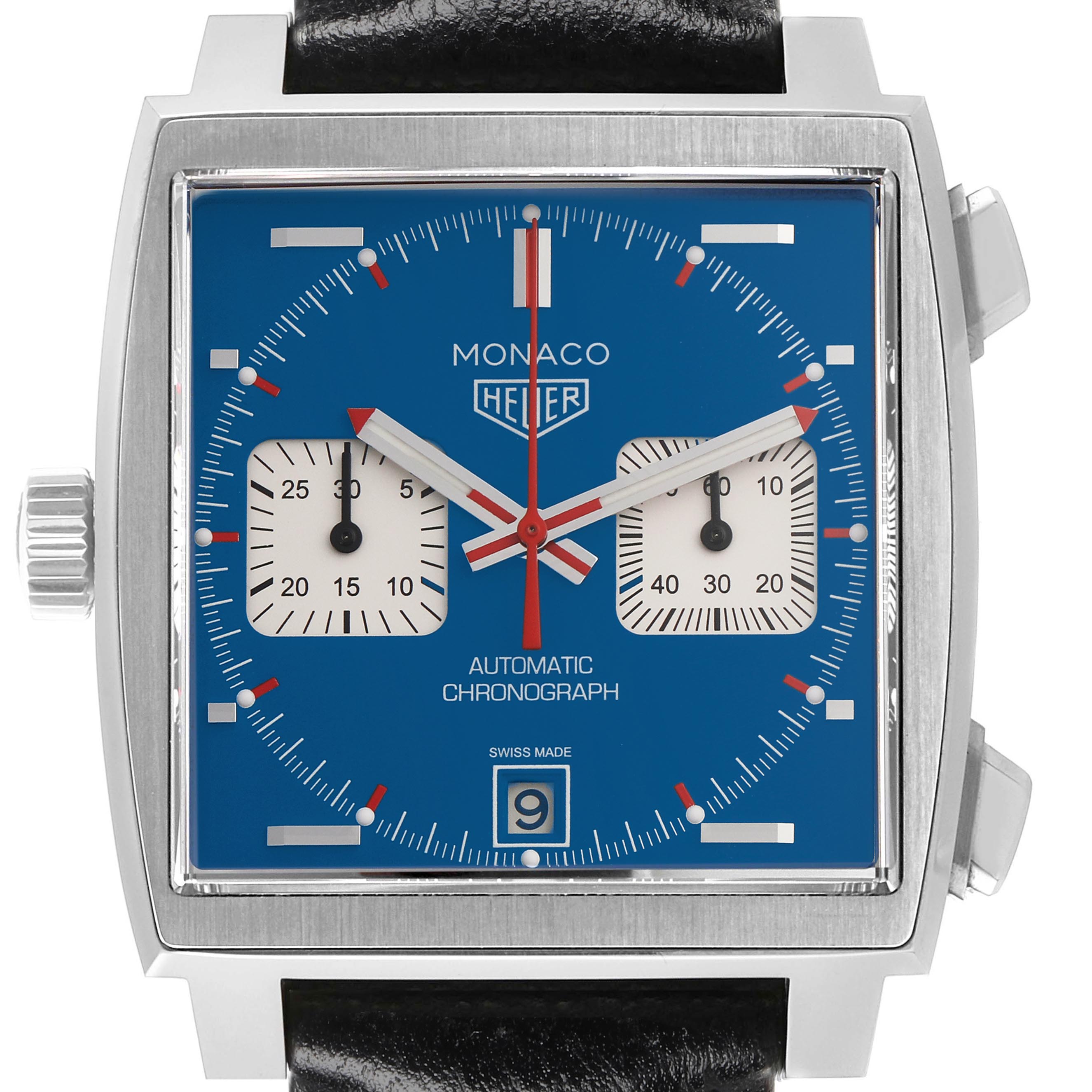 The image shows a front view of the Tag Heuer Monaco CAW211P.FC6356 Men
s Stainless Steel Blue Dial CAW211P.FC6356 Men
s Stainless Steel Blue Dial watch, highlighting its square case, blue dial, and subdials.