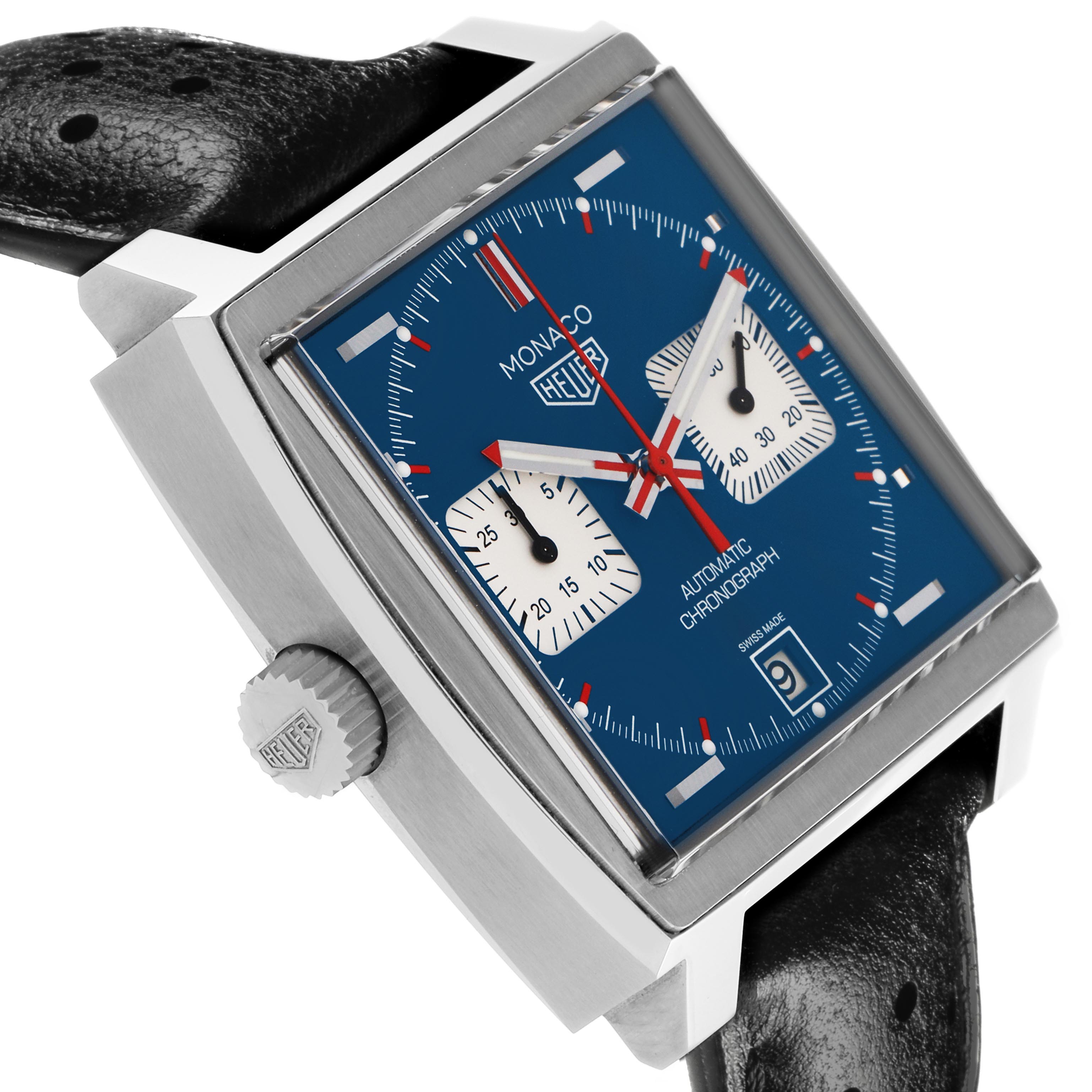 This image shows a side angle of the Tag Heuer Monaco CAW211P.FC6356 Men
s Stainless Steel Blue Dial CAW211P.FC6356 Men
s Stainless Steel Blue Dial, highlighting the blue dial, chronograph, crown, and black strap.