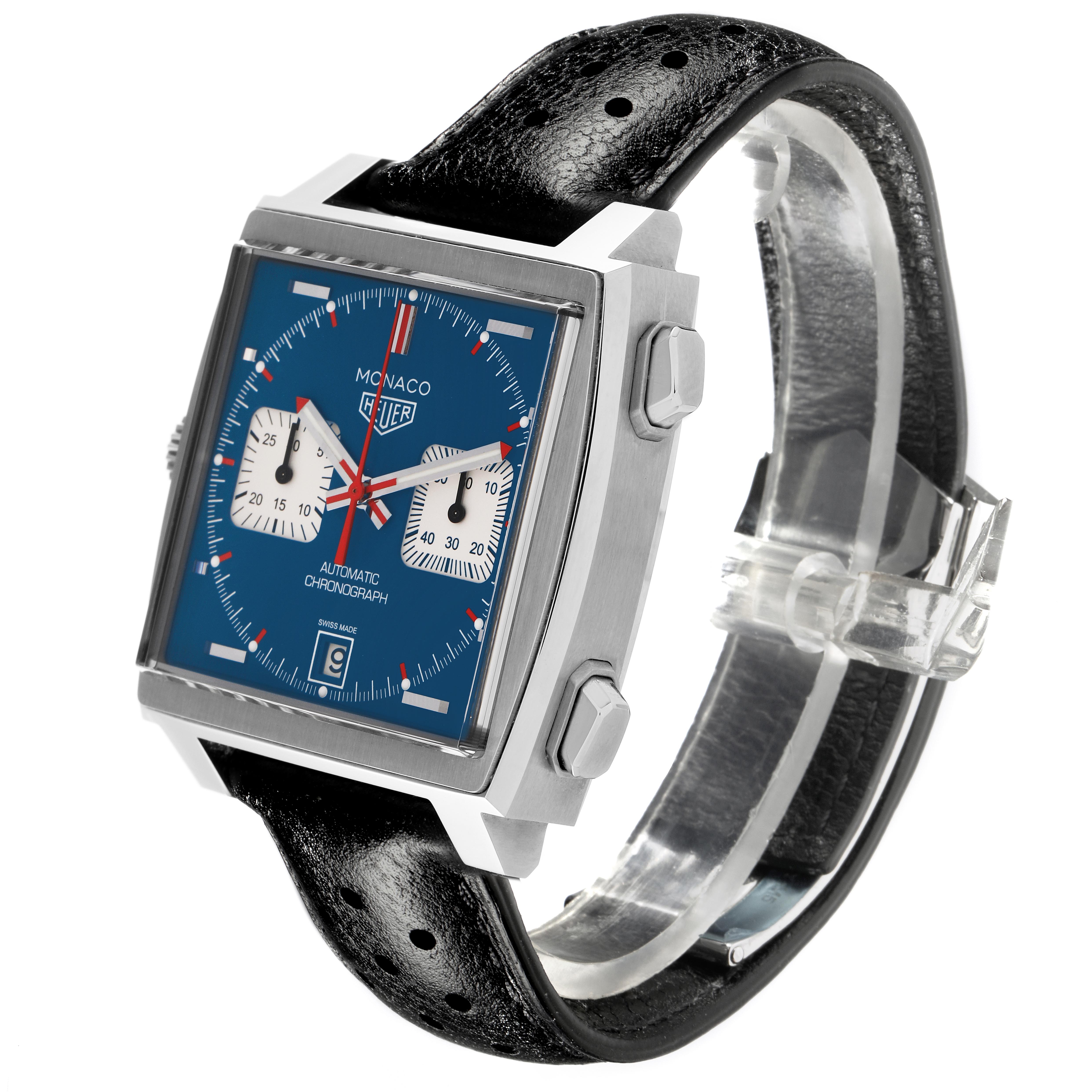 The Tag Heuer Monaco CAW211P.FC6356 Men
s Stainless Steel Blue Dial CAW211P.FC6356 Men
s Stainless Steel Blue Dial watch is shown at a slight angle, highlighting its square face, blue dial, chronograph subdials, and black leather strap.