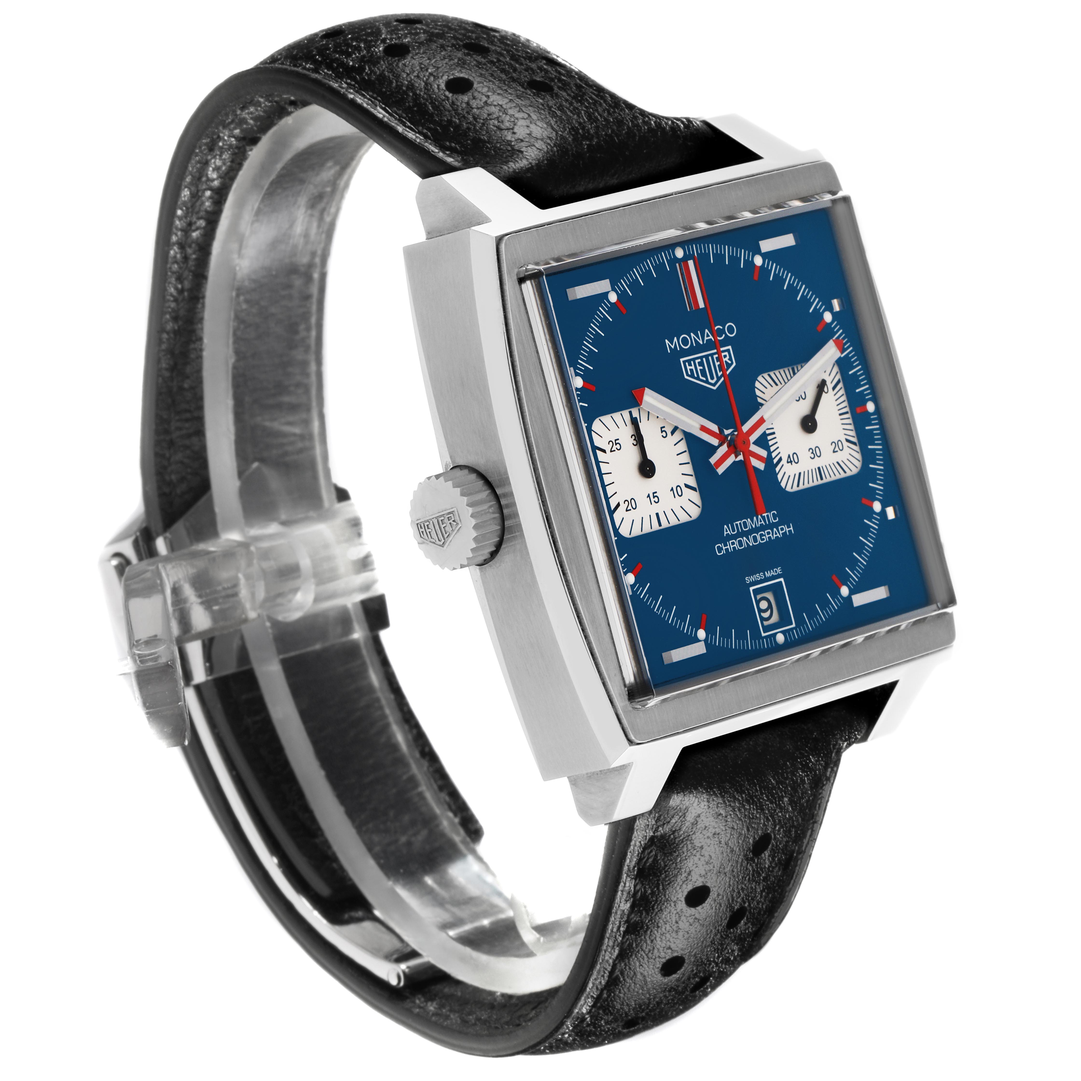 The Tag Heuer Monaco CAW211P.FC6356 Men
s Stainless Steel Blue Dial CAW211P.FC6356 Men
s Stainless Steel Blue Dial watch is shown at a three-quarter angle, highlighting the blue square face, chronograph subdials, and black leather strap.