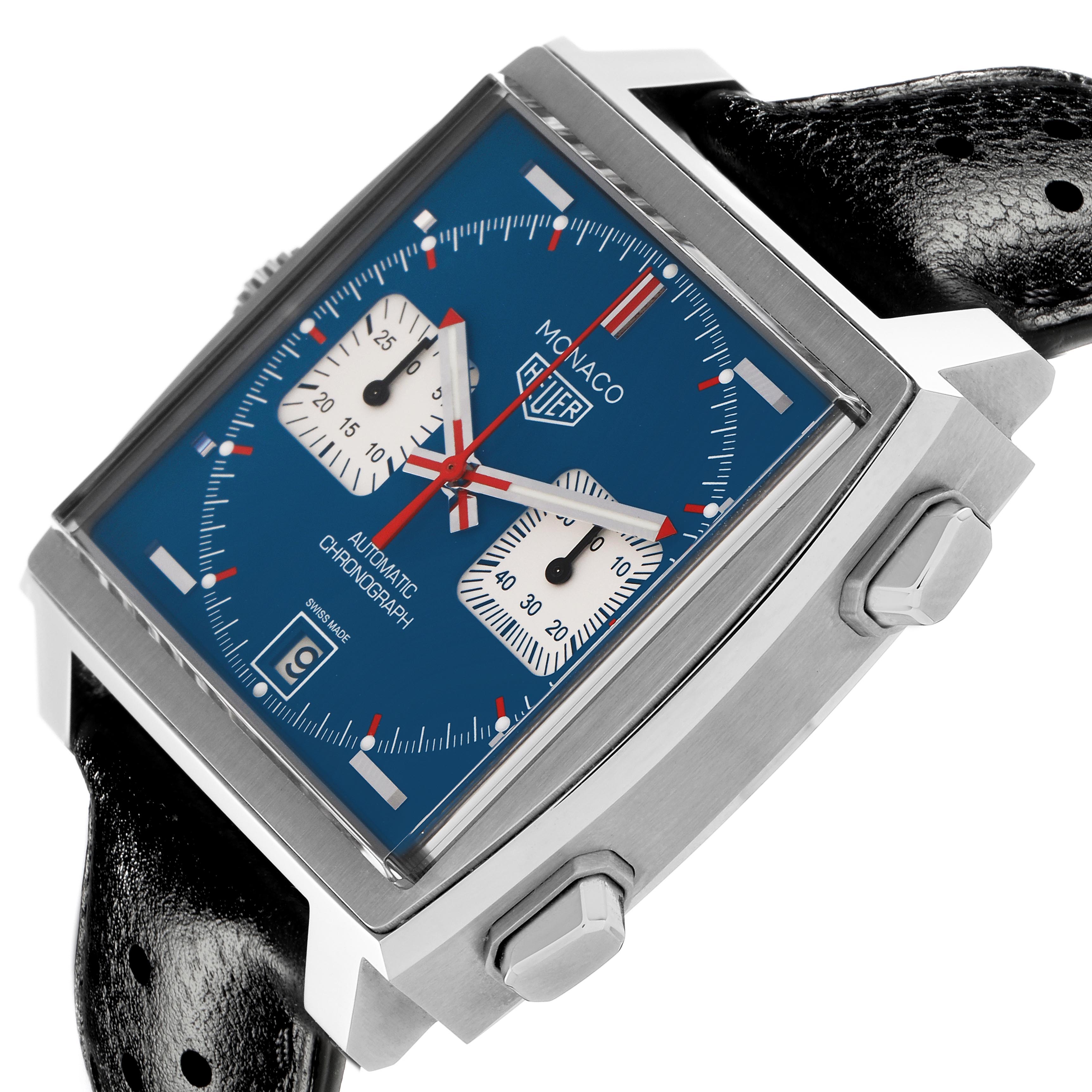 The Tag Heuer Monaco CAW211P.FC6356 Men
s Stainless Steel Blue Dial CAW211P.FC6356 Men
s Stainless Steel Blue Dial watch is shown at an angle highlighting the square face, blue dial, sub-dials, and crown on the side.