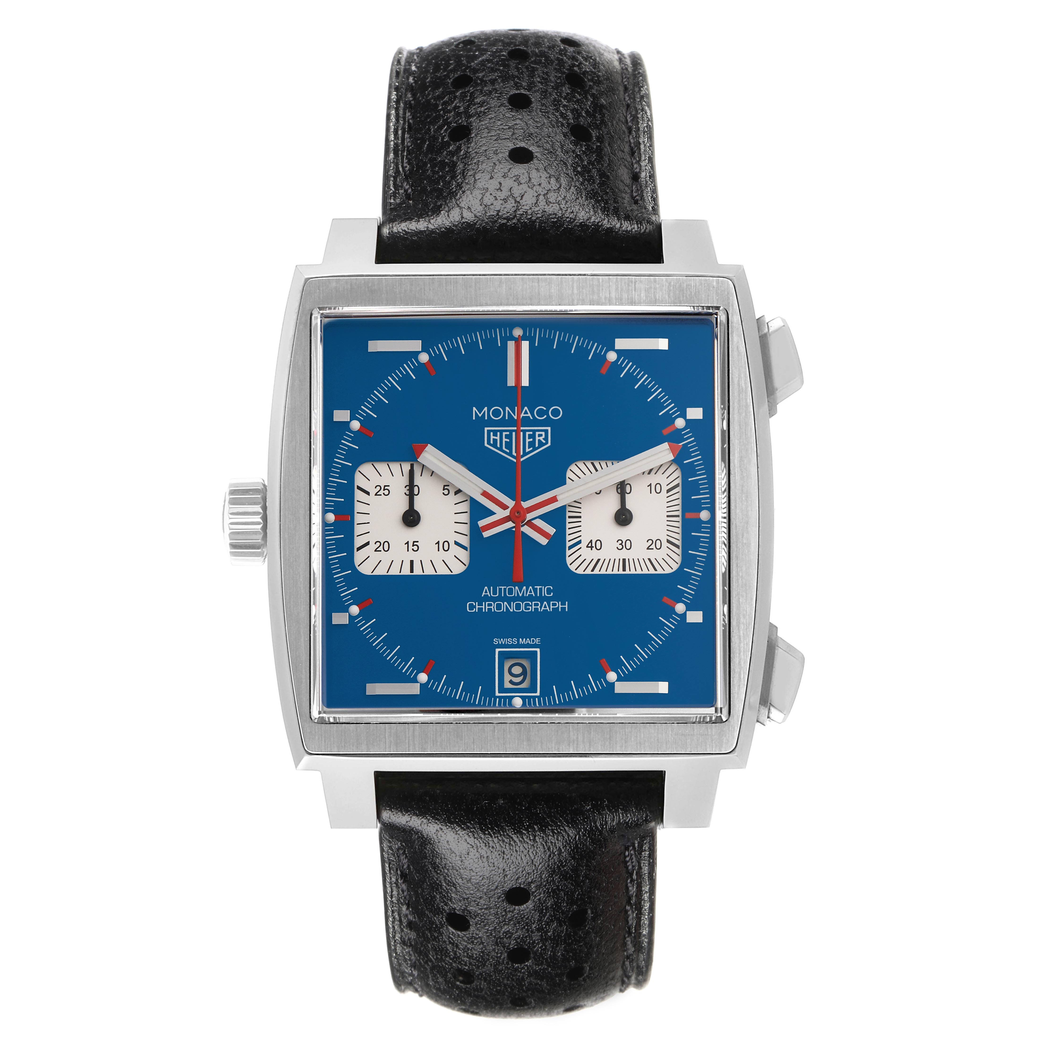 The Tag Heuer Monaco CAW211P.FC6356 Men
s Stainless Steel Blue Dial CAW211P.FC6356 Men
s Stainless Steel Blue Dial watch is shown from a front angle, highlighting its square blue dial and chronograph features.