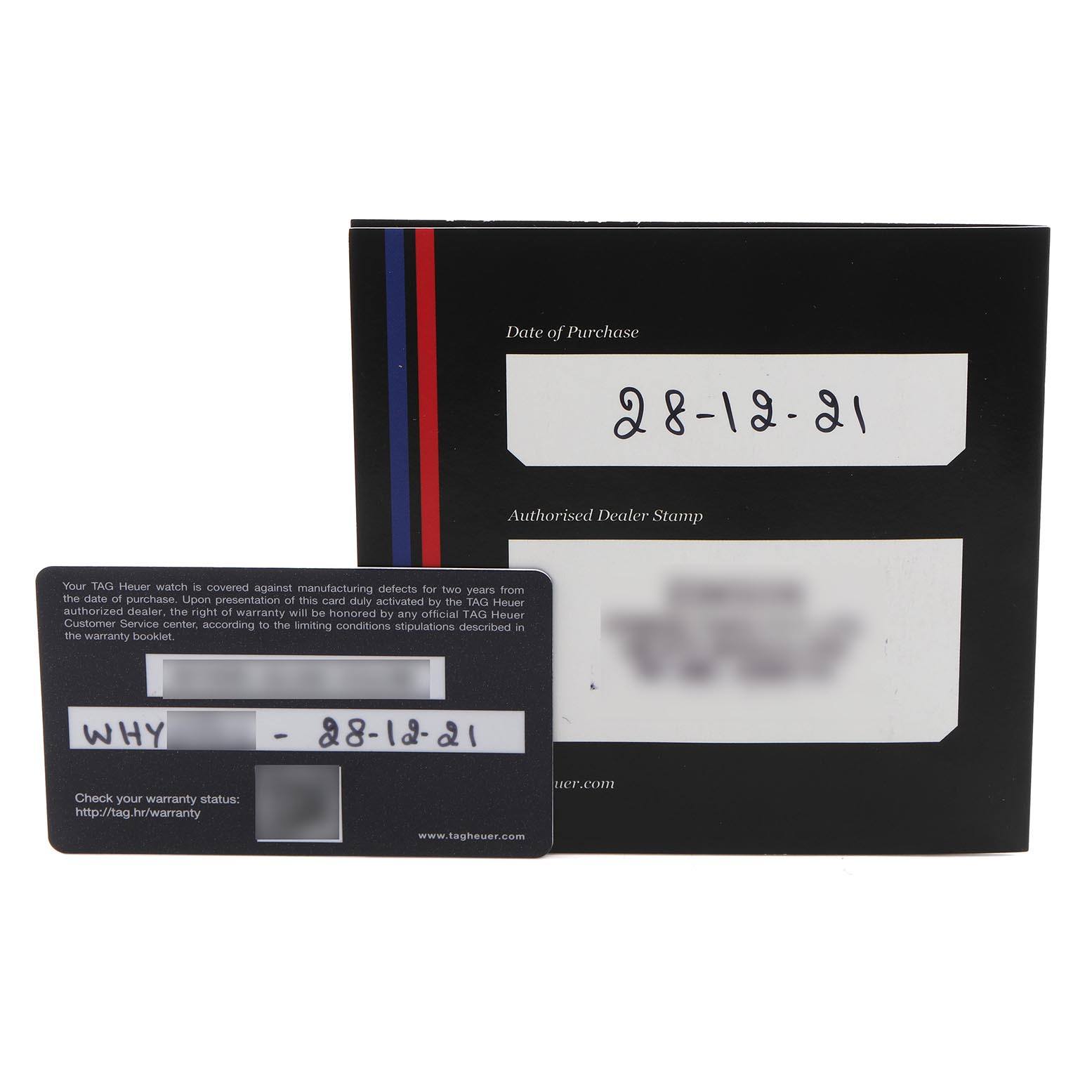 The image shows warranty cards and documentation for the Tag Heuer Monaco CAW211P.FC6356 Men
s Stainless Steel Blue Dial CAW211P.FC6356 Men
s Stainless Steel Blue Dial, at a front angle.