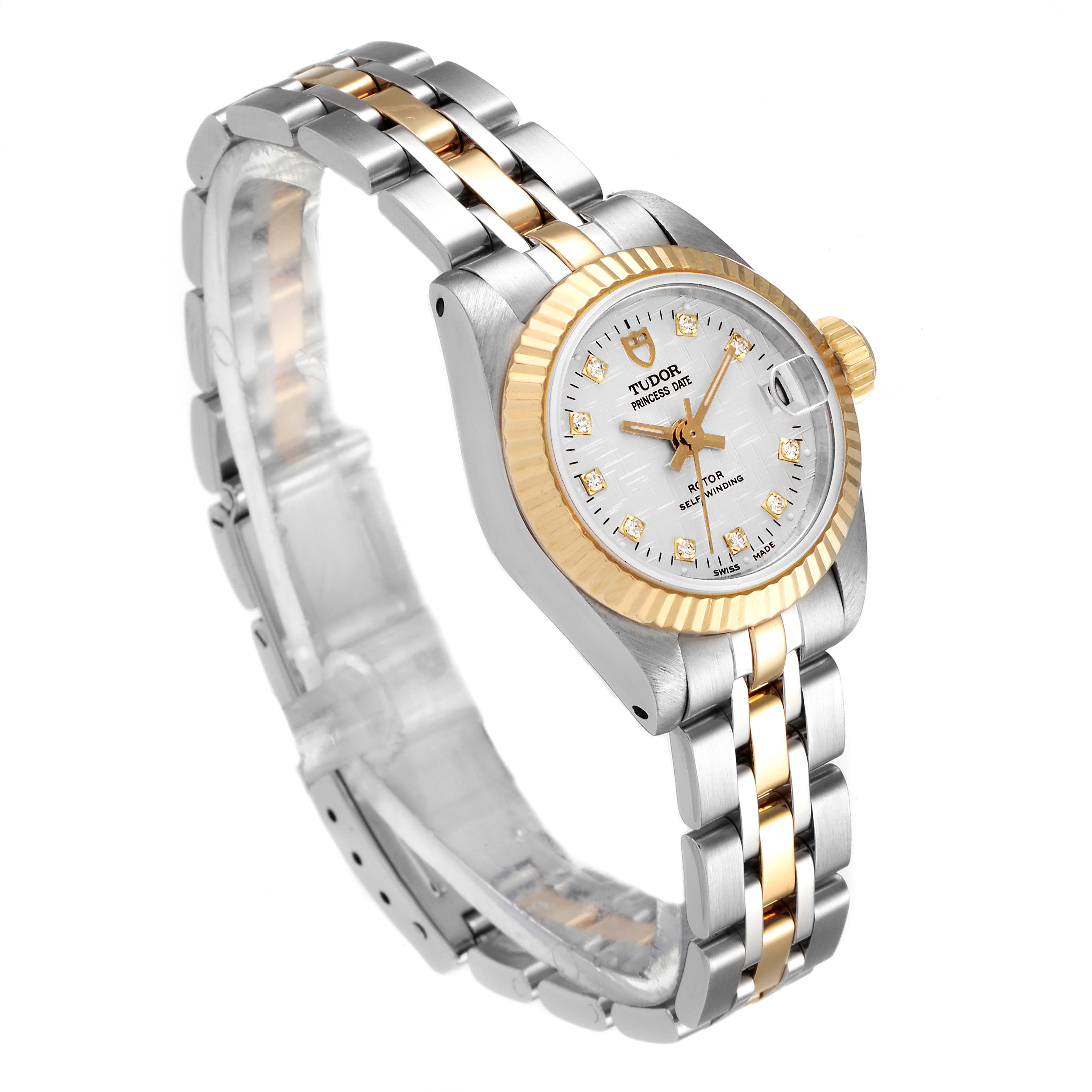 The image shows a Tudor Princess 92513 Women's Steel and Gold (two tone) Silver Dial 92513 Women's Steel and Gold (two tone) Silver Dial model watch at an angled view highlighting the two-tone bracelet, gold bezel, and white dial with diamond markers.