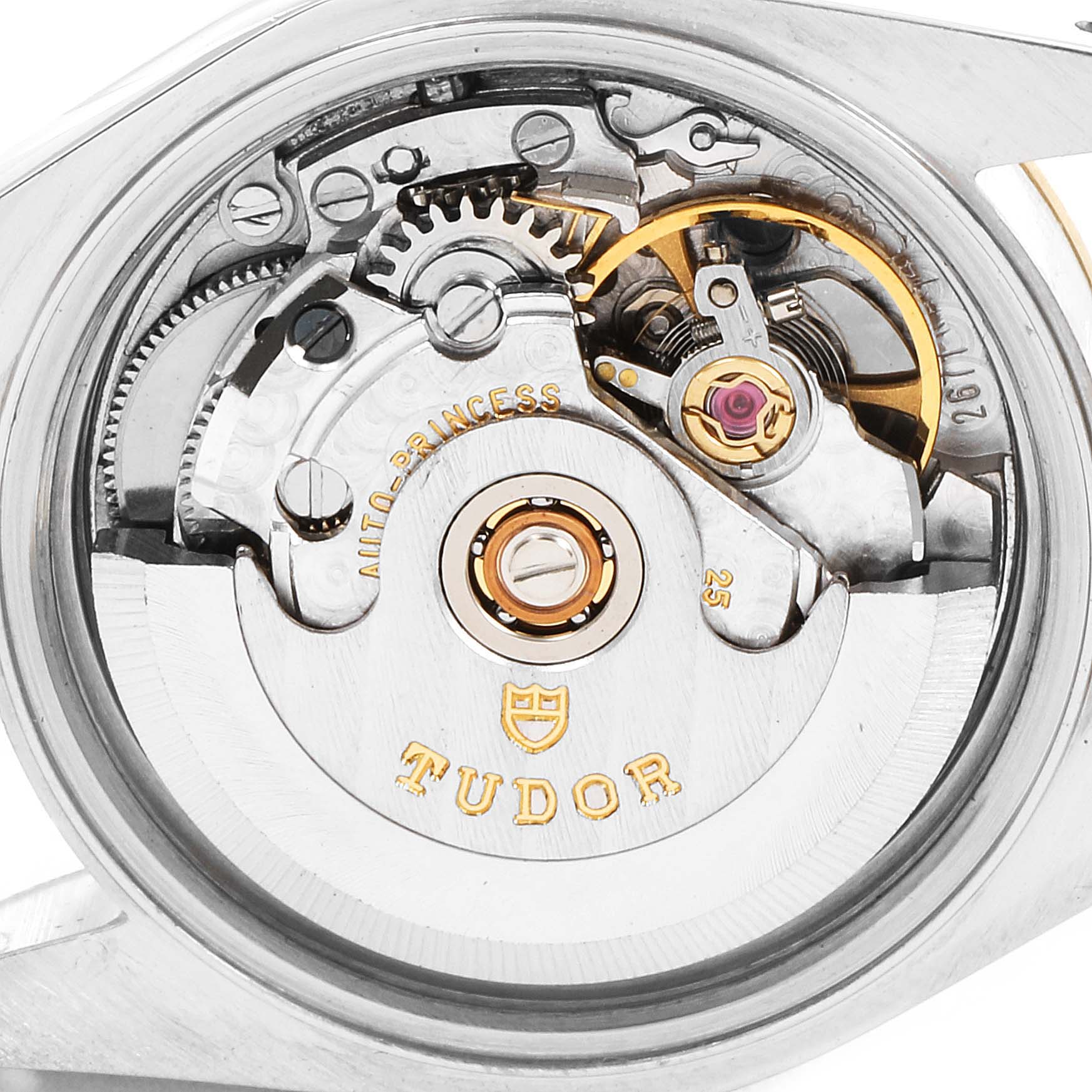 This image shows the internal mechanism of a Tudor Princess 92513 Women's Steel and Gold (two tone) Silver Dial 92513 Women's Steel and Gold (two tone) Silver Dial model watch from a close-up, top-down angle.