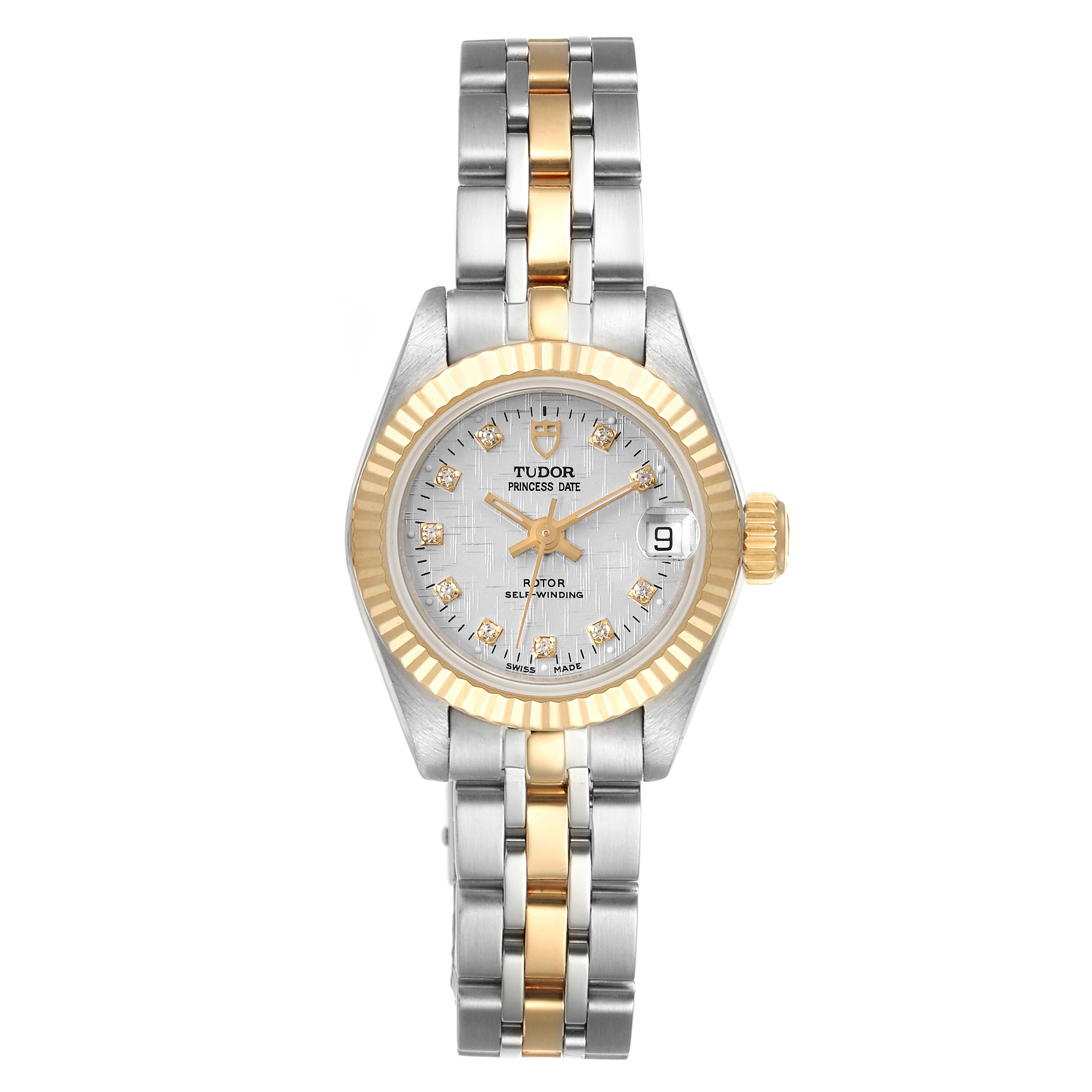The Tudor Princess 92513 Women's Steel and Gold (two tone) Silver Dial 92513 Women's Steel and Gold (two tone) Silver Dial model watch is shown from the front, displaying the dial, bezel, case, and bracelet.