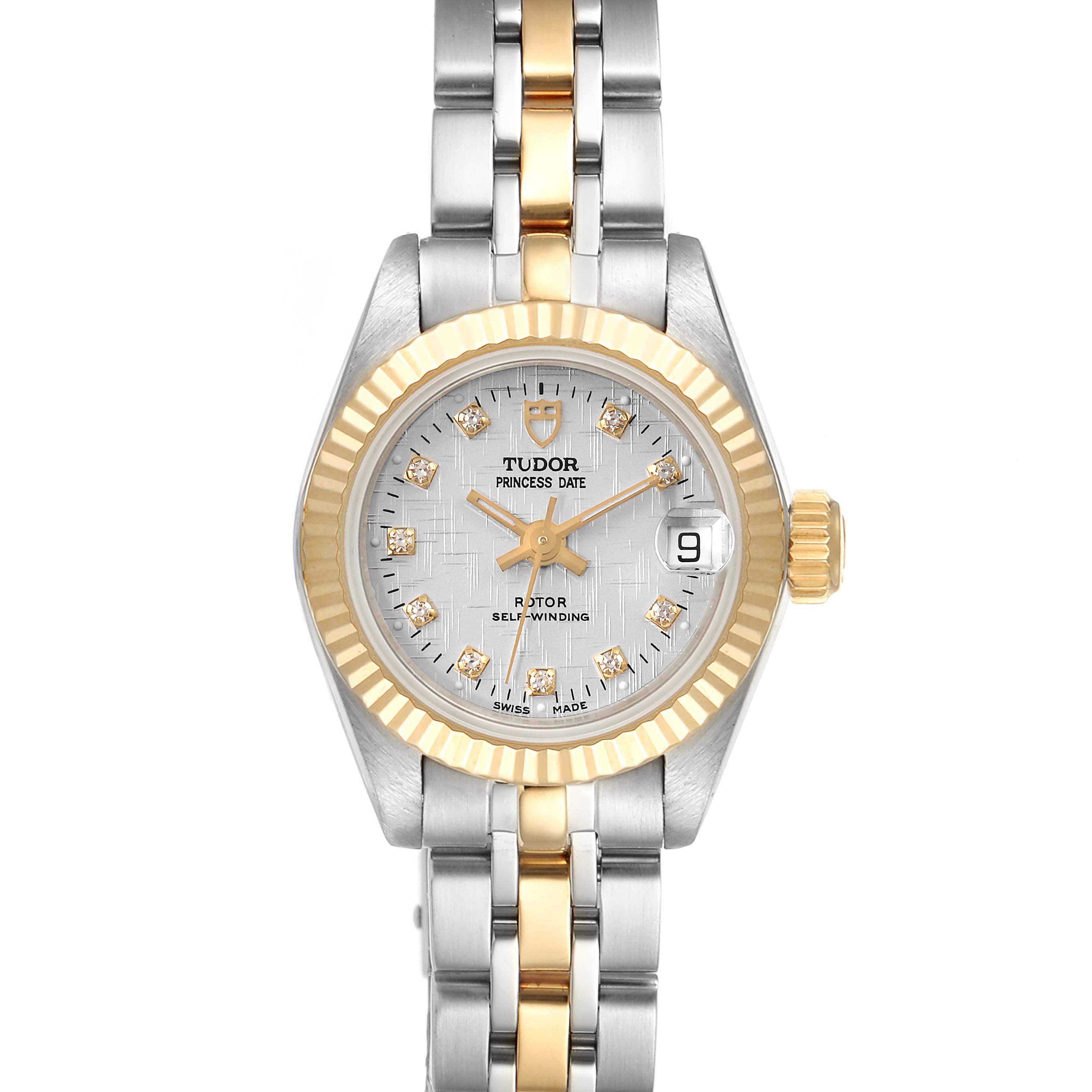 The Tudor Princess 92513 Women's Steel and Gold (two tone) Silver Dial 92513 Women's Steel and Gold (two tone) Silver Dial Date watch is shown from a top view, featuring its dial, bezel, and two-tone bracelet.