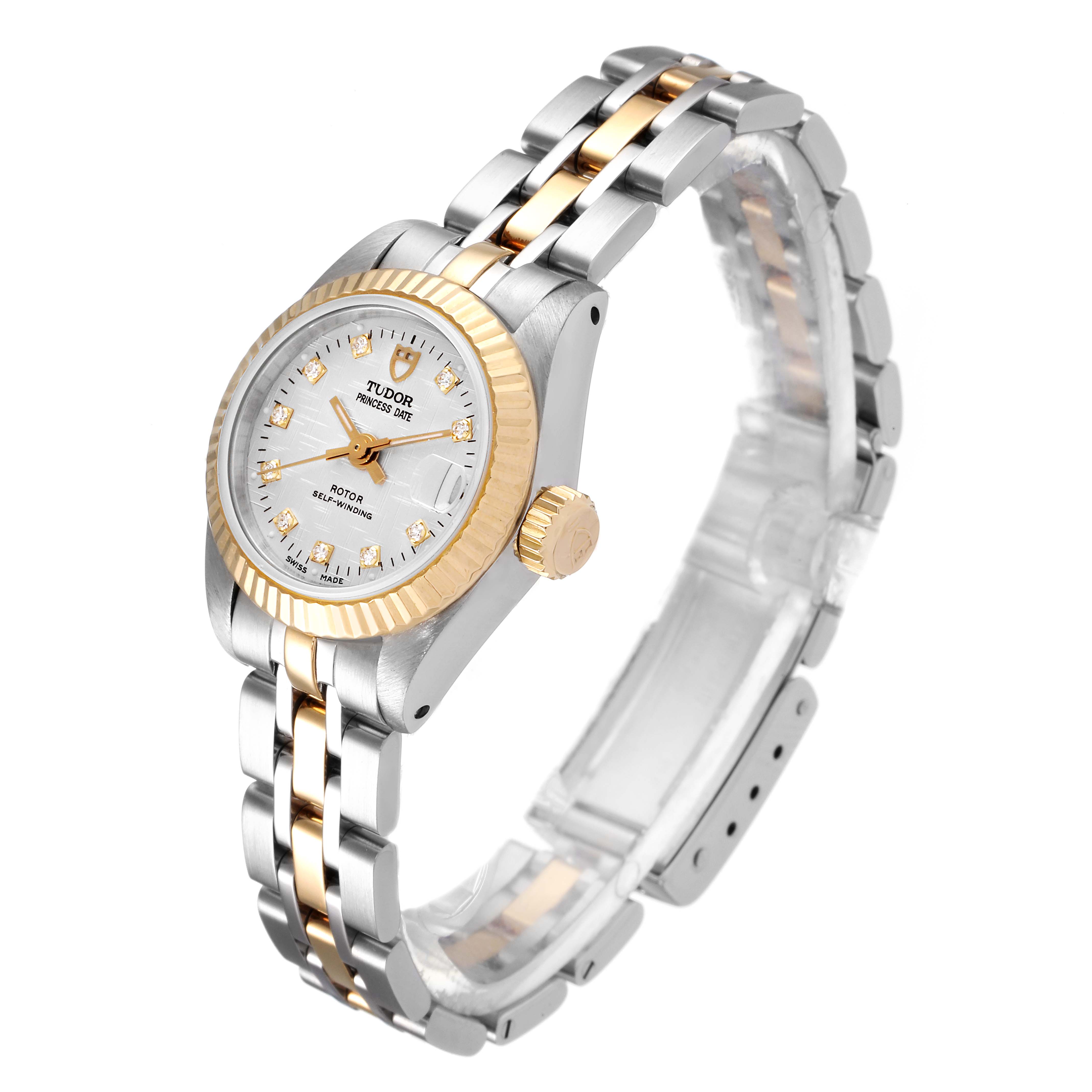 The image shows a Princess model watch by Tudor at a slight angle, highlighting the face, bezel, crown, and bracelet.