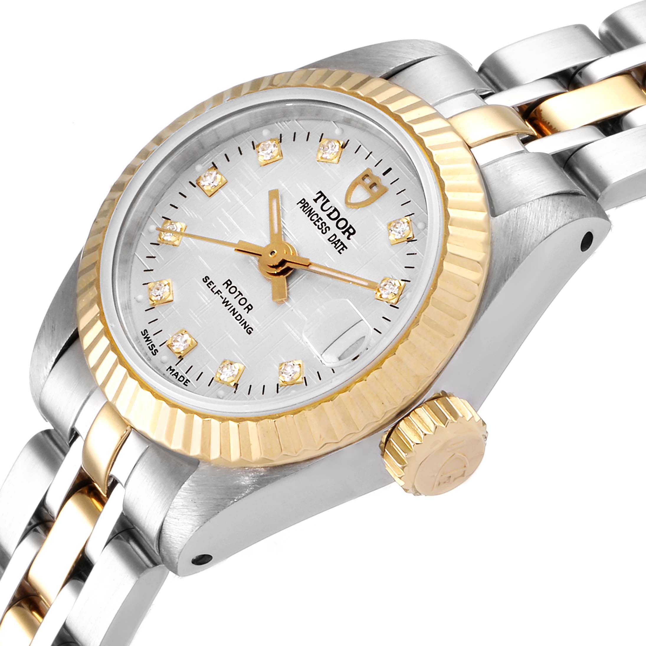 The Tudor Princess 92513 Women's Steel and Gold (two tone) Silver Dial 92513 Women's Steel and Gold (two tone) Silver Dial Date watch is shown at an oblique angle, highlighting its face, bezel, crown, and bracelet.