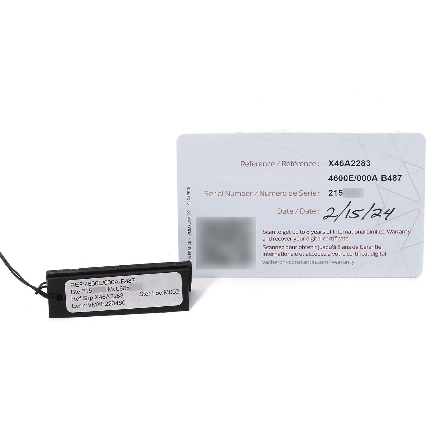 The image shows the warranty card and a tag for the Fiftysix model by Vacheron Constantin.