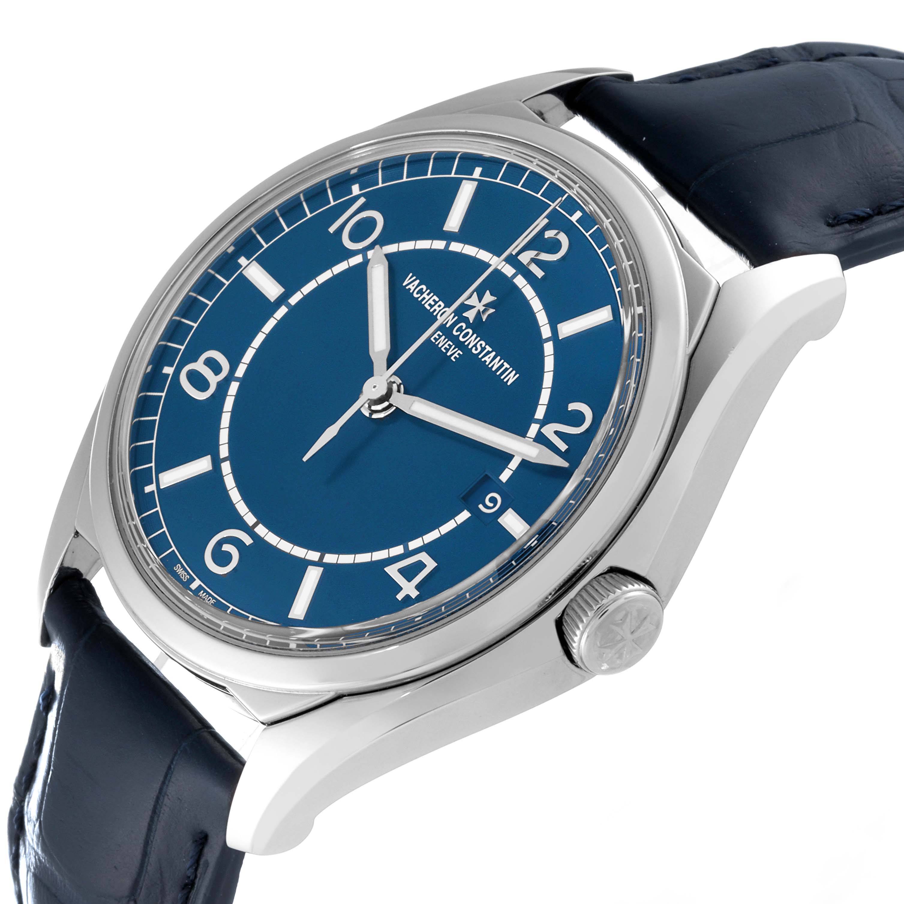 This image shows a Vacheron Constantin Fiftysix 4600E/000A-B487 Men's Stainless Steel Blue Dial 4600E/000A-B487 Men's Stainless Steel Blue Dial model watch, showcasing its blue dial, crown, and part of the leather strap, angled from the front-right side.