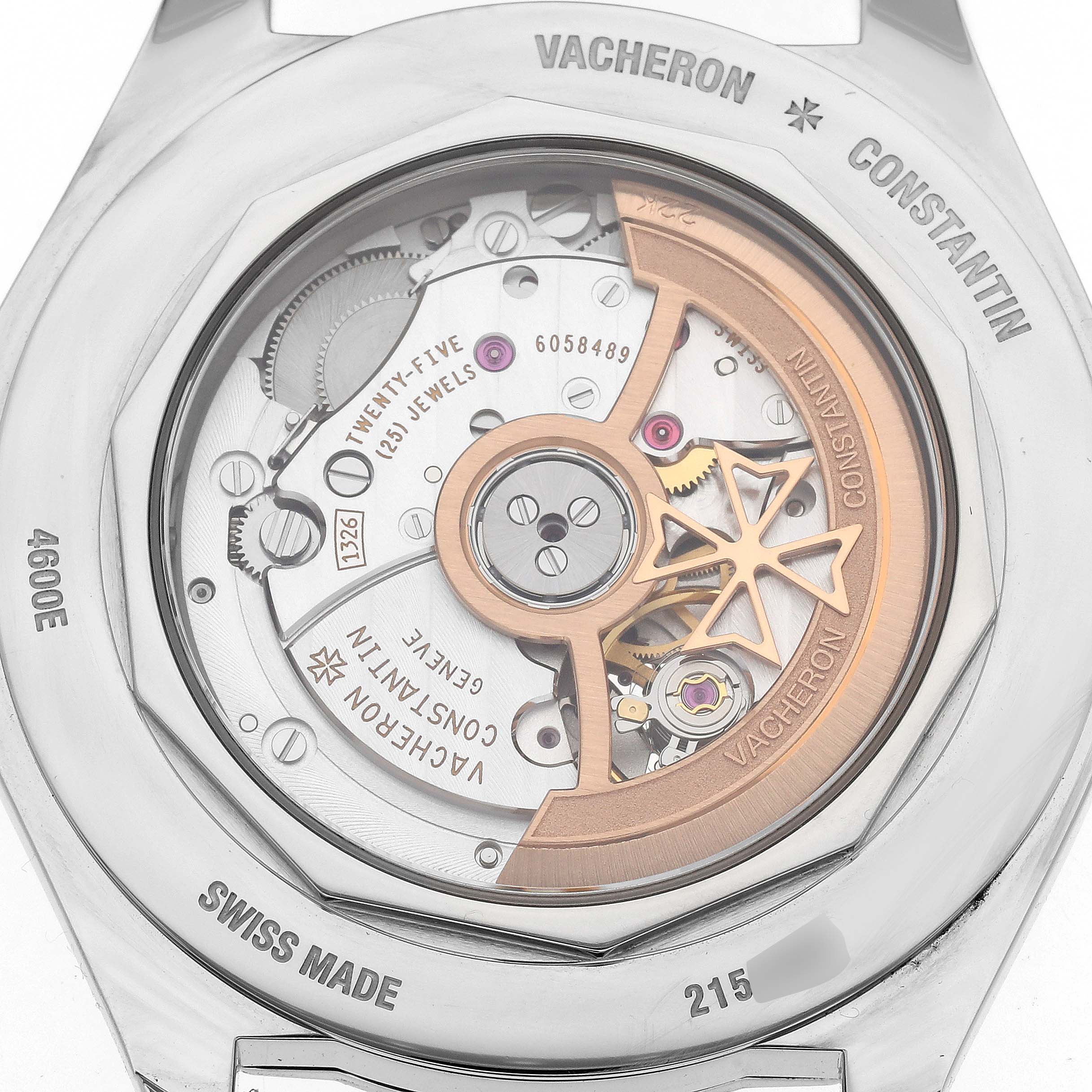 The image shows the back view of the Vacheron Constantin Fiftysix 4600E/000A-B487 Men's Stainless Steel Blue Dial 4600E/000A-B487 Men's Stainless Steel Blue Dial model, highlighting its movement and intricate internal details.