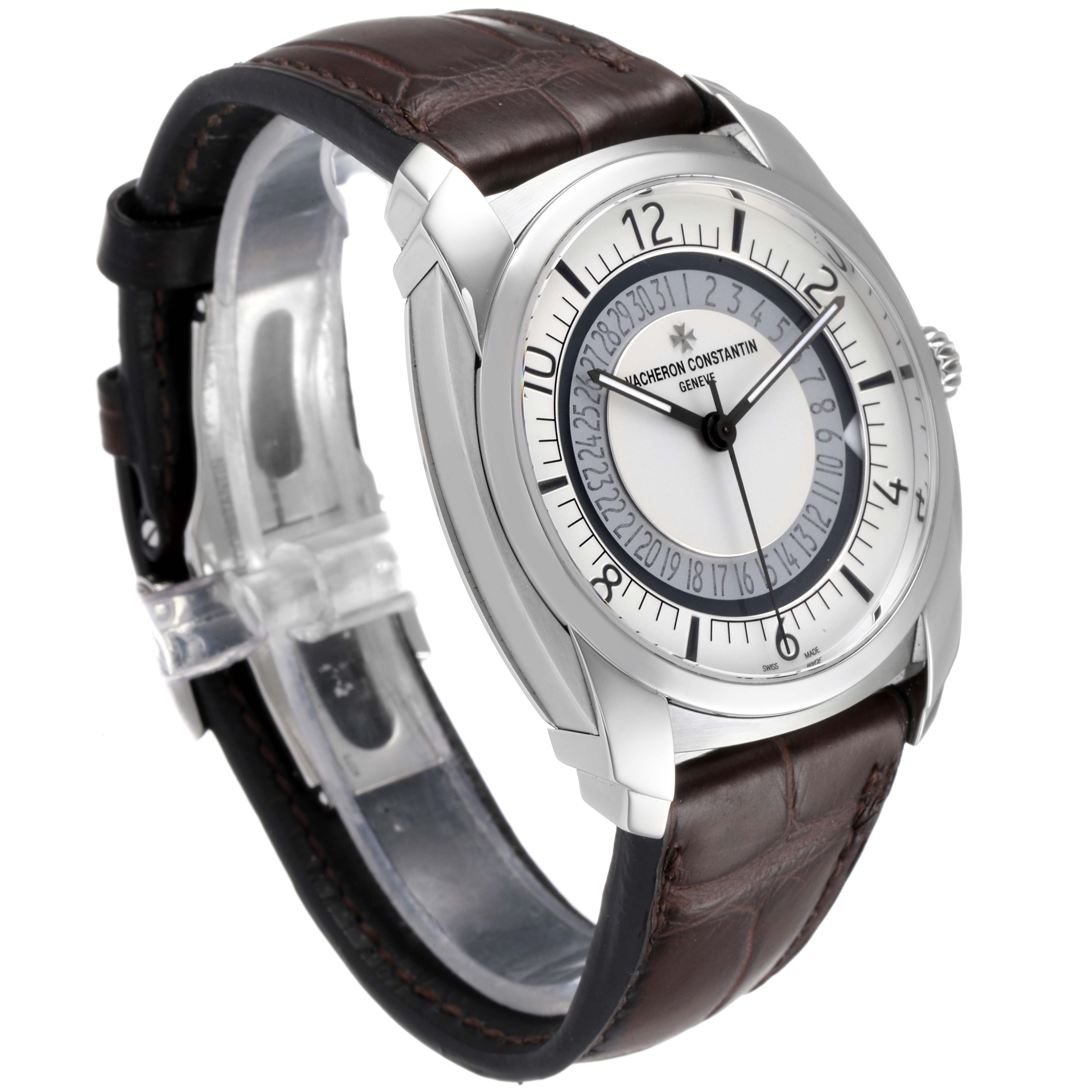 The image shows a Vacheron Constantin Quai de Lile 4500S/000A-B195 Men's Stainless Steel Silver Dial 4500S/000A-B195 Men's Stainless Steel Silver Dial watch at a three-quarter angle, highlighting its dial, case, and leather strap.